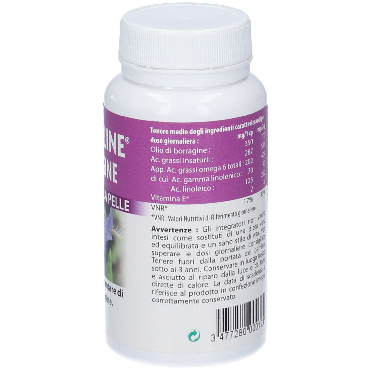 Flacone bianco, etichetta viola. Testo: Omegaline Borragine, Bellezza della Pelle. Ingredienti. Logo Holistica.