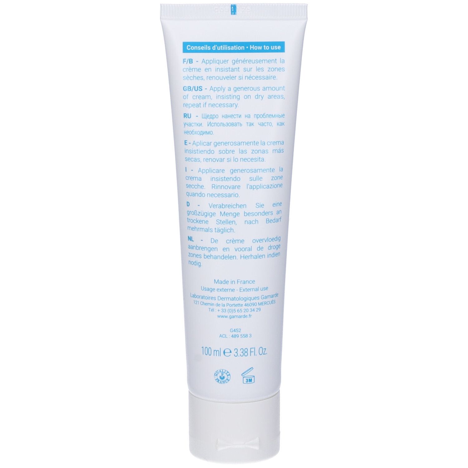 Retro del tubo Gamarde. Istruzioni per l'uso multilingue. Contenuto: 100 ml. Prodotto in Francia.