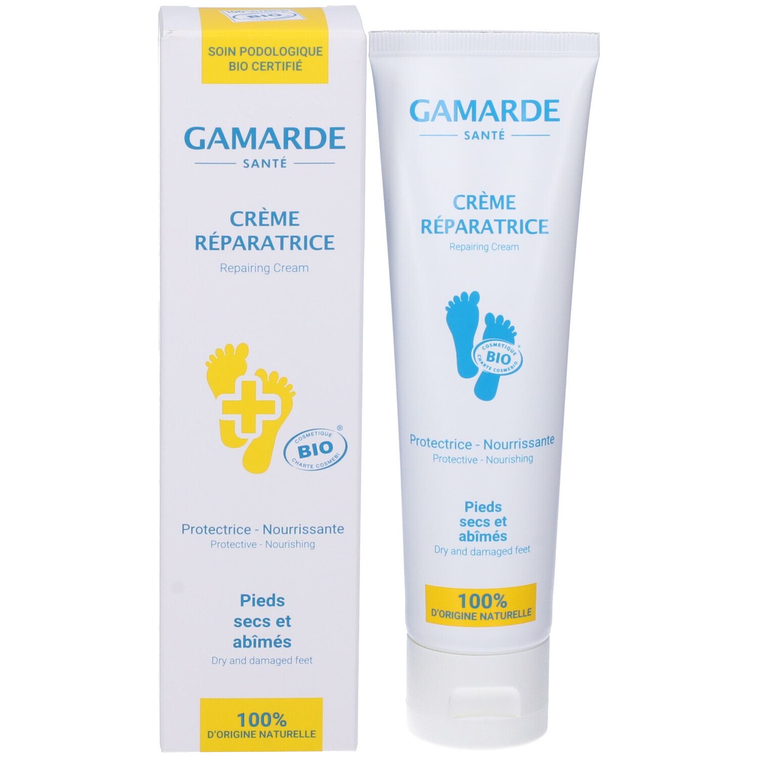 Gamarde Crema Riparatrice e confezione. Logo Bio. Scritta: Piedi secchi e danneggiati. 100% origine naturale.