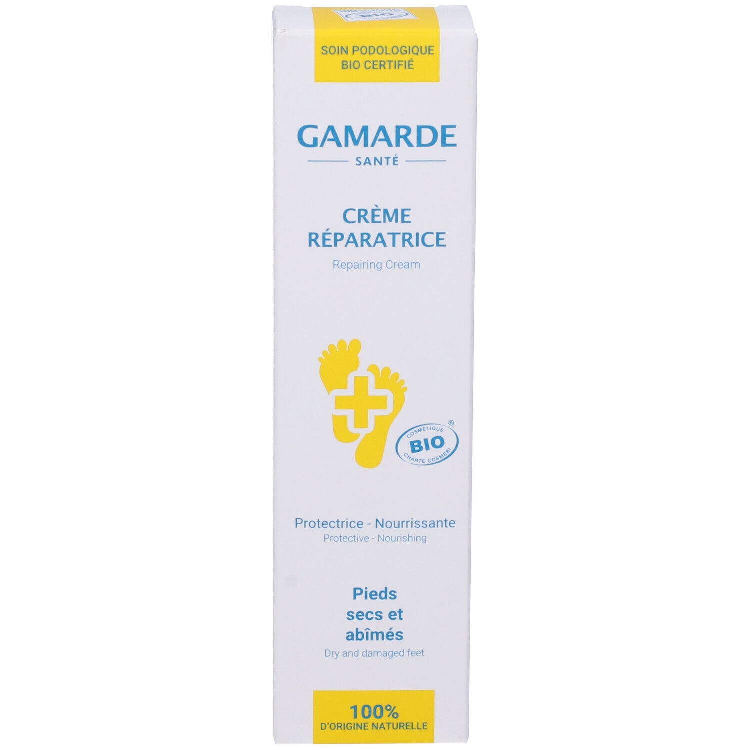 Confezione della crema Gamarde. Testo: Crème Réparatrice. Logo Bio. Piedi secchi e danneggiati. 100% origine naturale.
