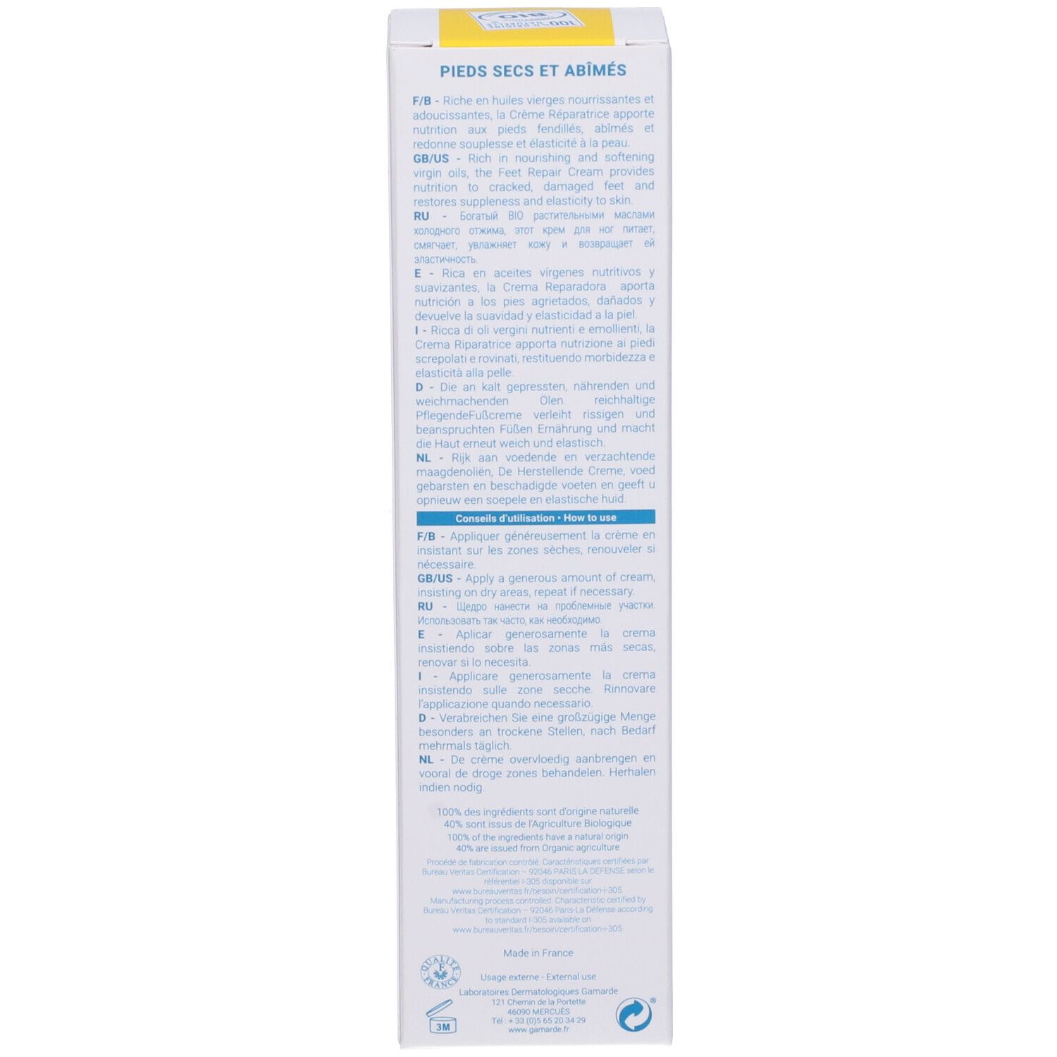 Confezione crema Gamarde. Testo: Piedi secchi e danneggiati. Istruzioni multilingue. Ingredienti 100% naturali.
