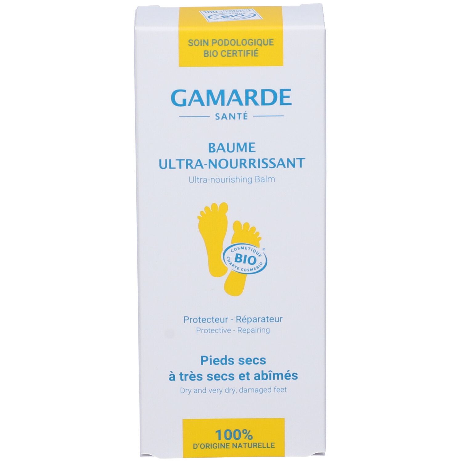 Scatola di cartone con 'Gamarde' e 'Baume Ultra Nourrissant'. Certificazione bio e simbolo piede. Per piedi secchi e danneggiati.