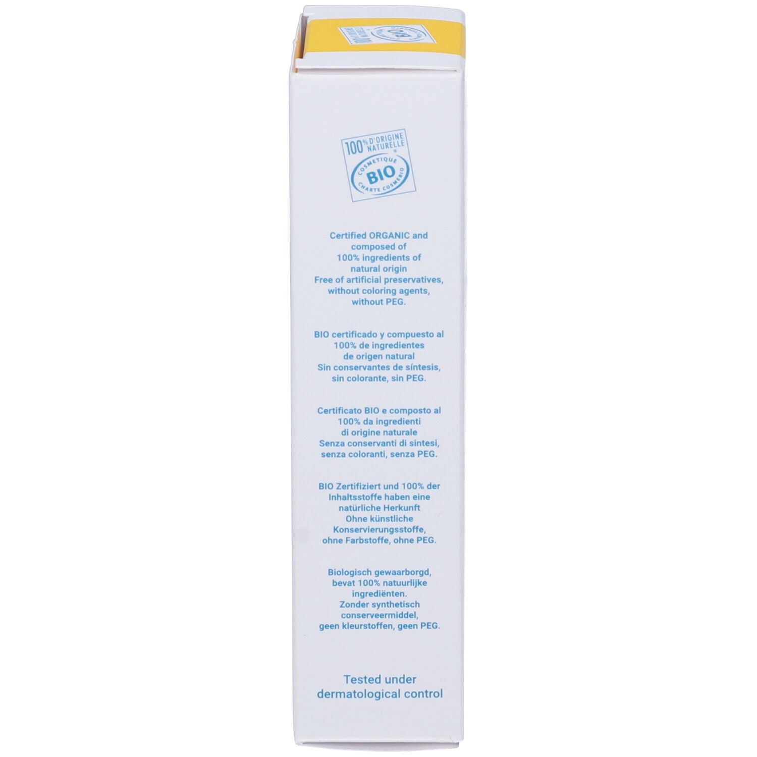 Lato scatola con testo: certificazione bio, ingredienti, senza conservanti, senza PEG. Testato sotto controllo dermatologico.
