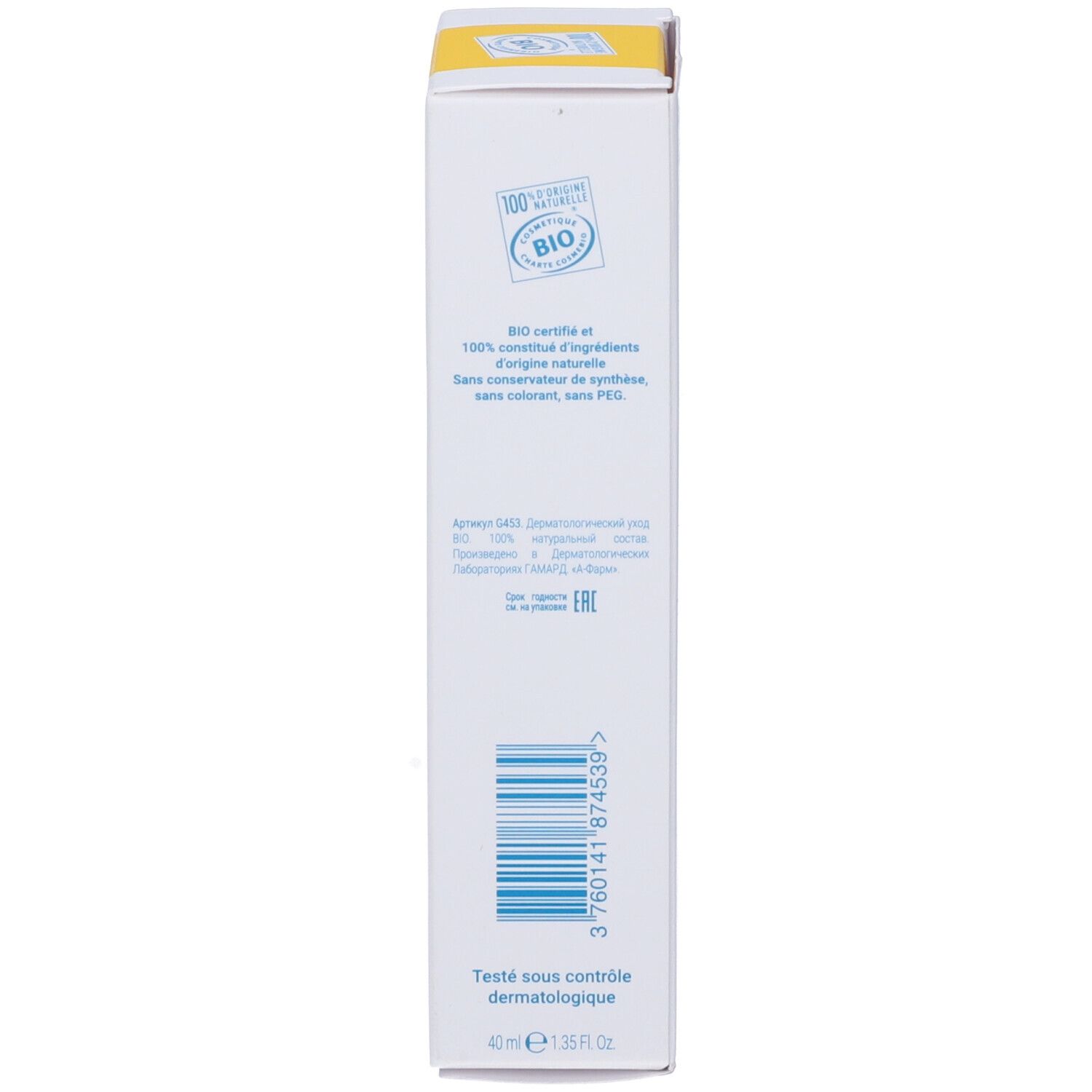 Lato scatola con testo: certificazione bio, ingredienti, senza conservanti, senza PEG. Codice a barre e volume: 40 ml.