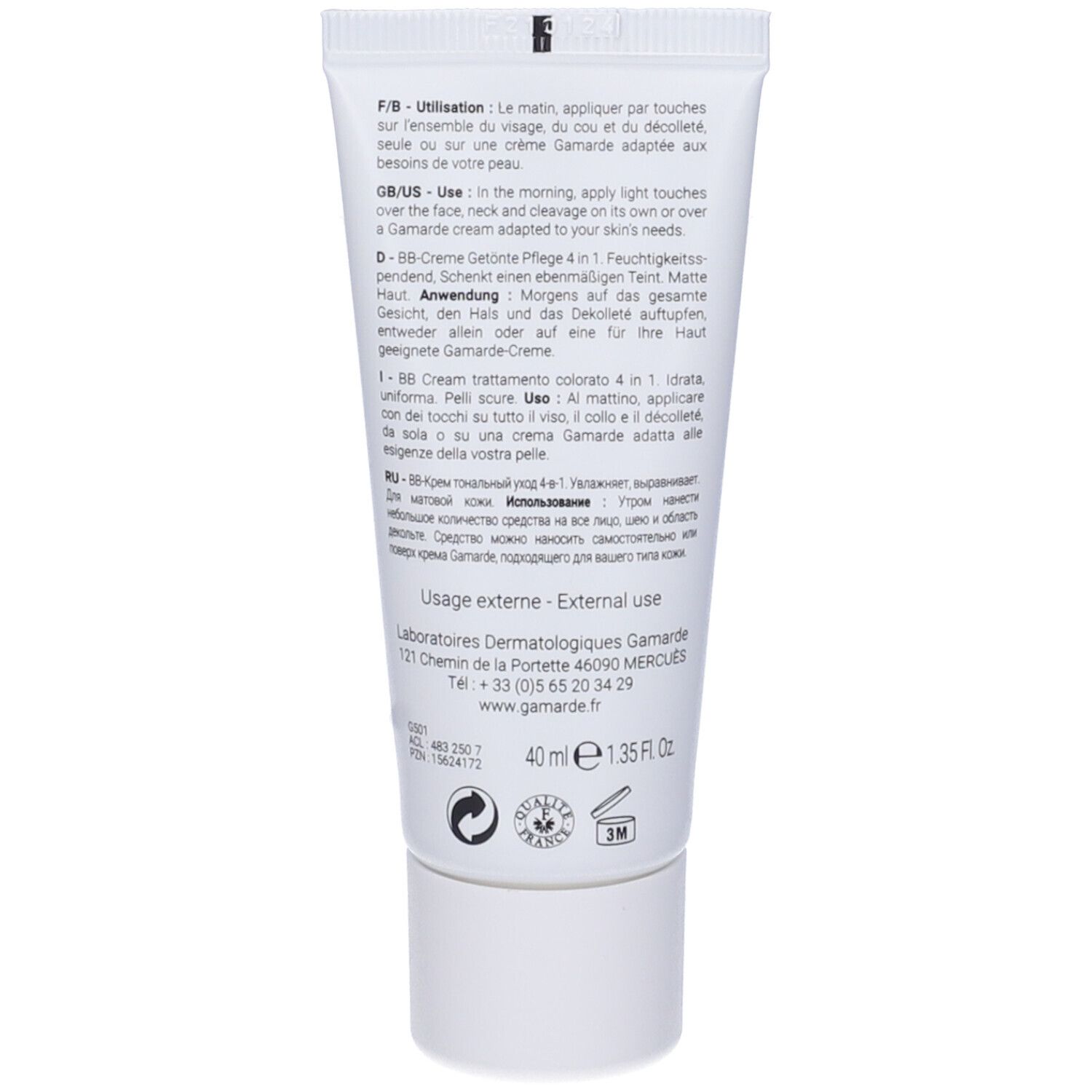 Retro del tubo Gamarde BB Cream. Testo multilingue. Informazioni sull'uso e sugli ingredienti.