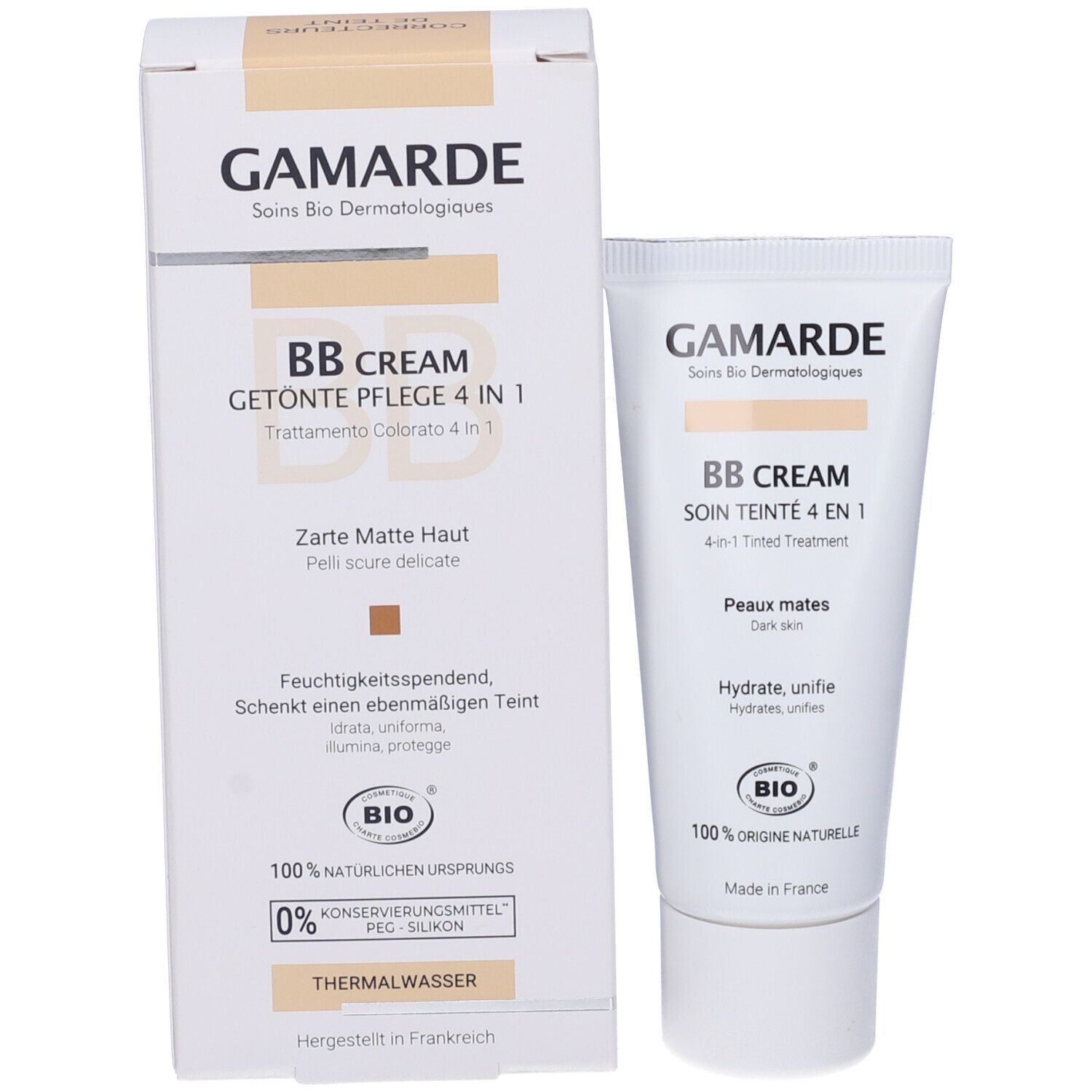 Gamarde BB Cream e confezione. Tubo e scatola. Testo: BB CREAM, 4-in-1, Zarte Matte Haut, marchio Bio.
