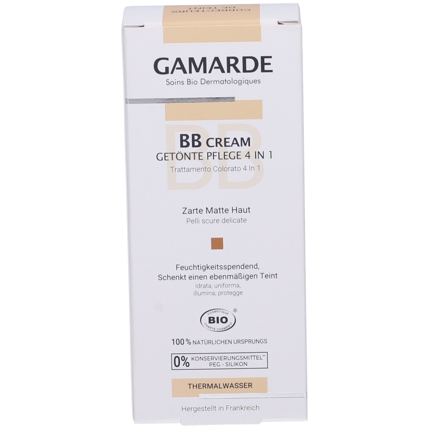 Confezione Gamarde BB Cream. Scatola bianca con testo: BB CREAM, 4-in-1, Zarte Matte Haut, marchio Bio.