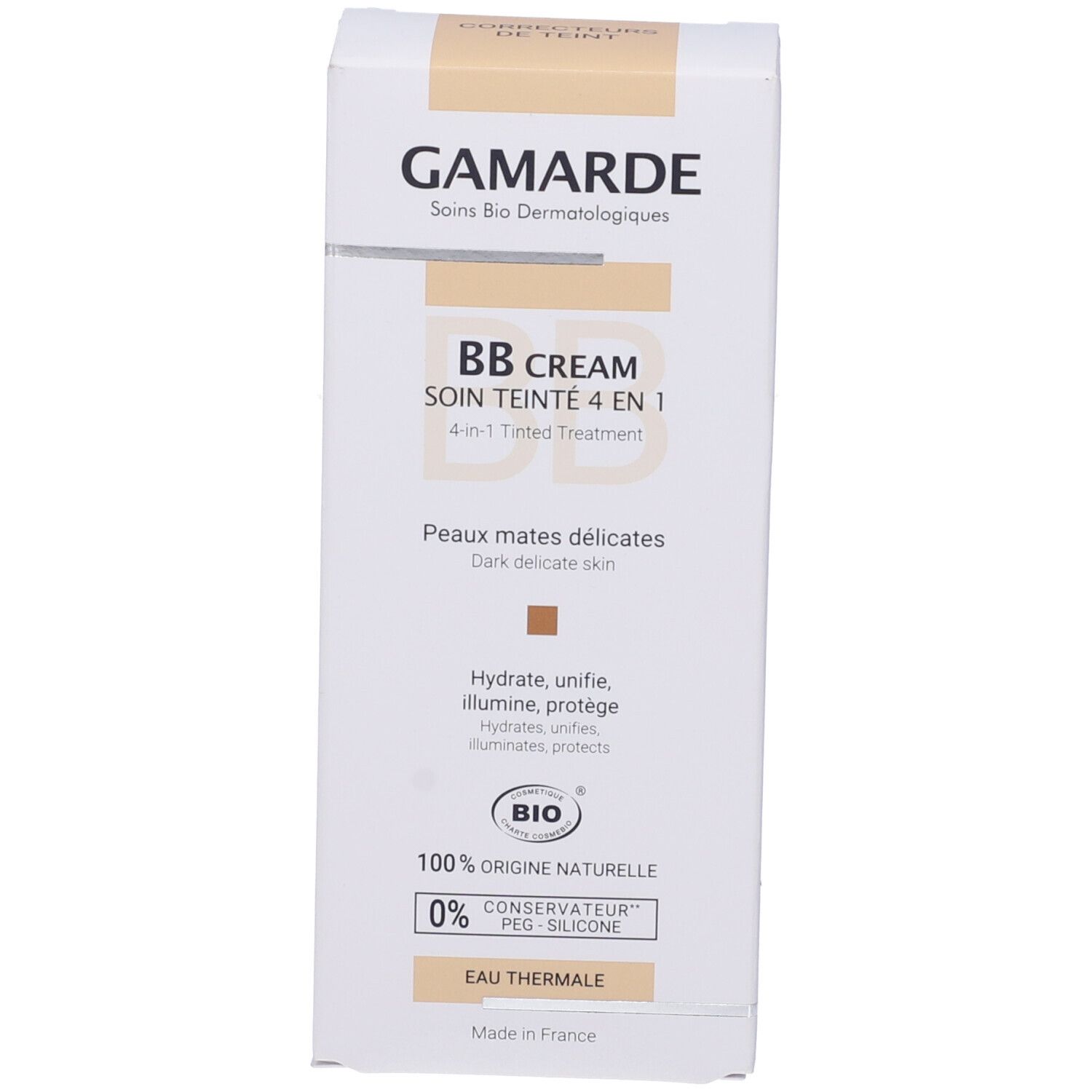 Confezione Gamarde BB Cream. Fronte della scatola. Testo: BB CREAM, 4-in-1, Peaux mates délicates, marchio Bio.