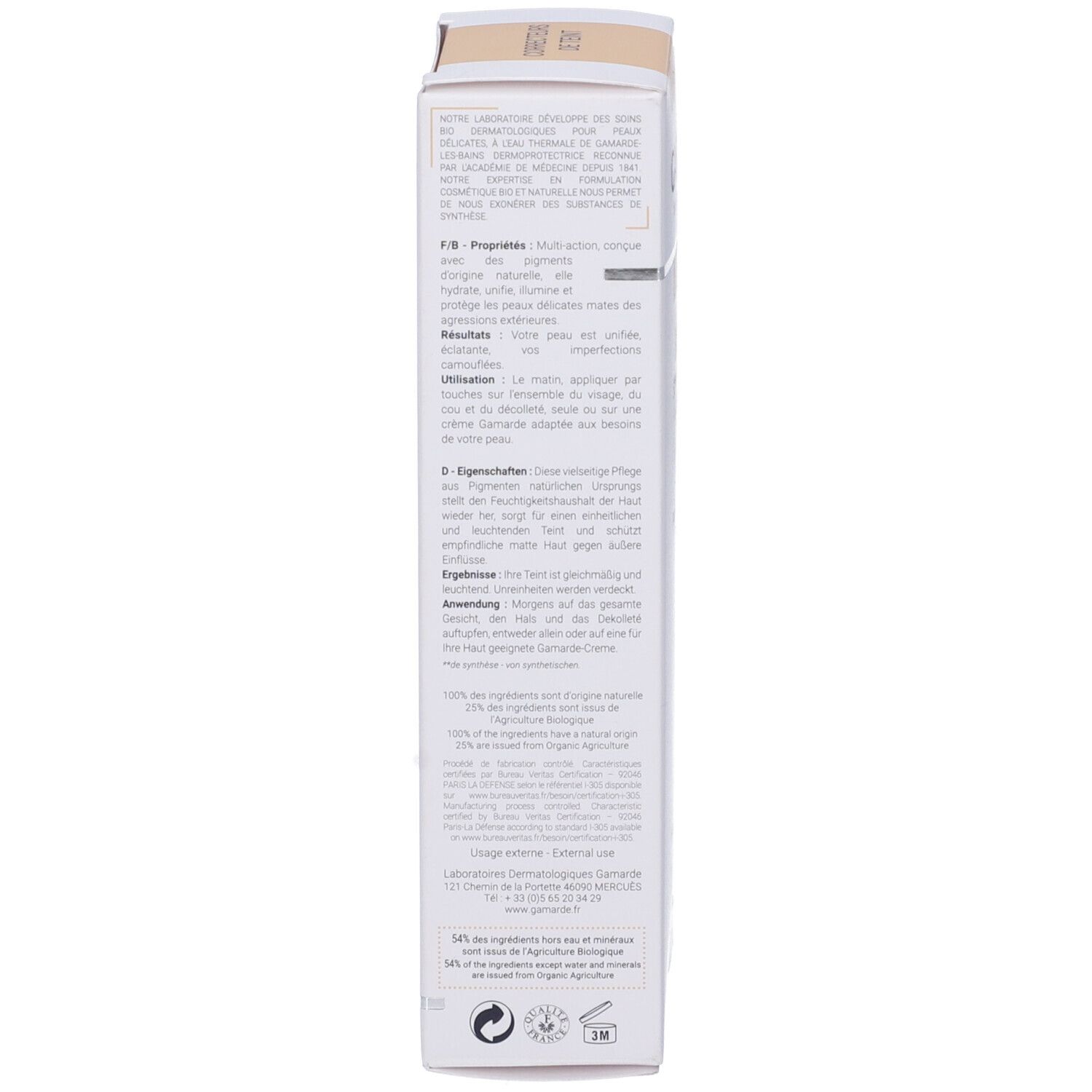 Confezione Gamarde BB Cream. Lato della scatola. Testo multilingue. Informazioni sul prodotto.