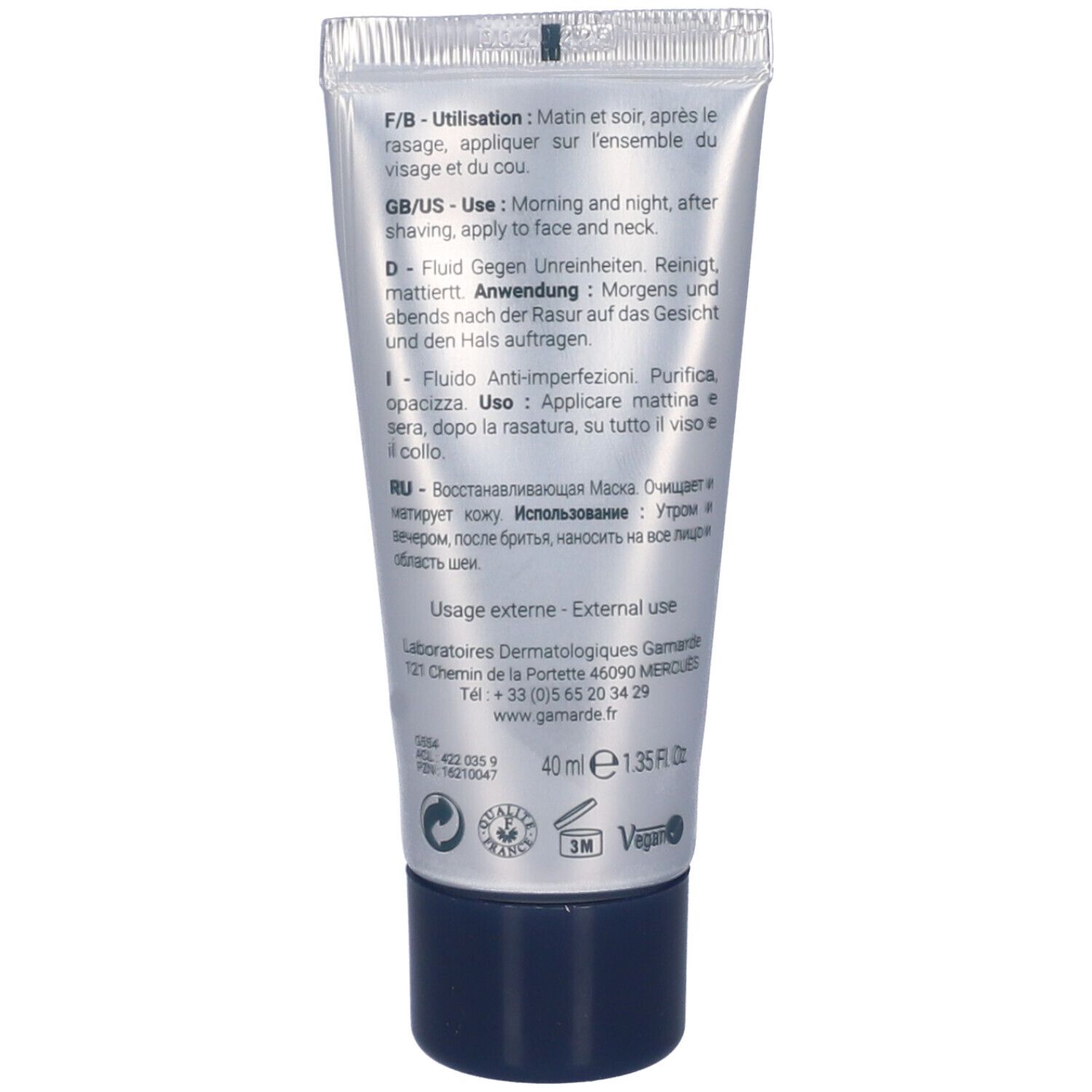 Retro del tubo Gamarde Uomo. Testo multilingue: uso, ingredienti. 40 ml, certificazione Bio, logo Vegan.