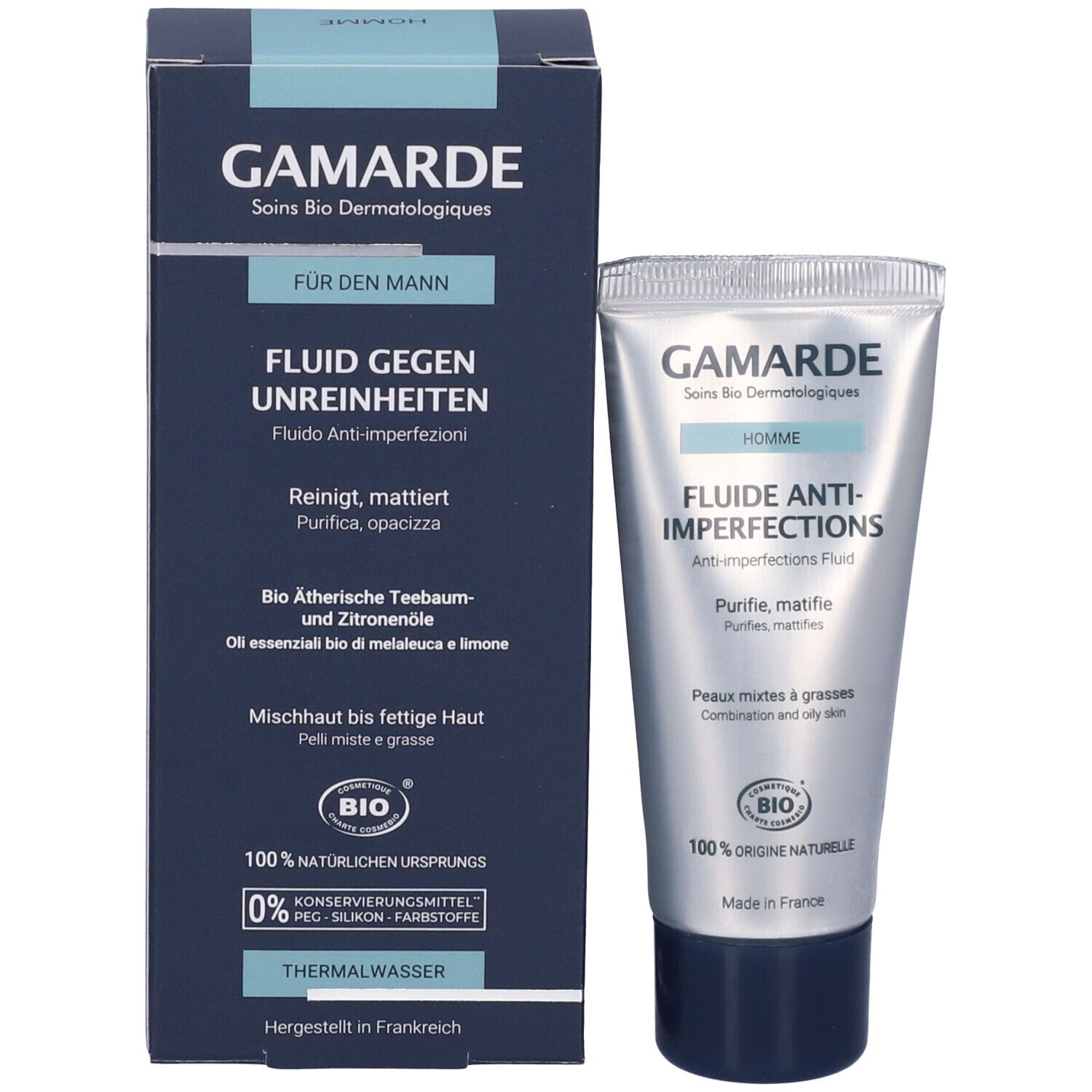 Gamarde Uomo Fluido Anti-Imperfezioni, tubo e scatola. Scatola blu, testo: "Für den Mann". Certificazione Bio.