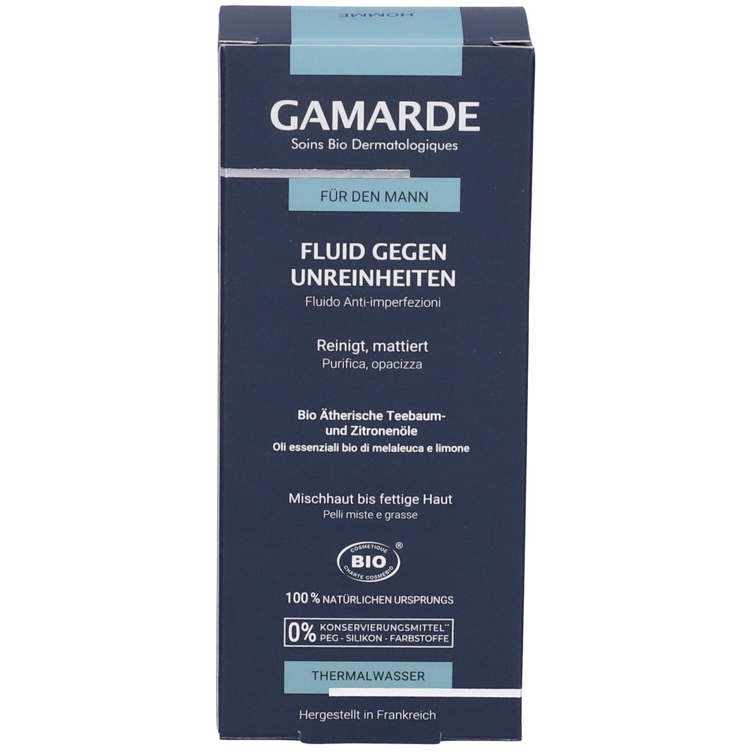 Scatola blu Gamarde Uomo Fluido Anti-Imperfezioni. Testo: "Für den Mann", "Fluido gegen Unreinheiten". Certificazione Bio.
