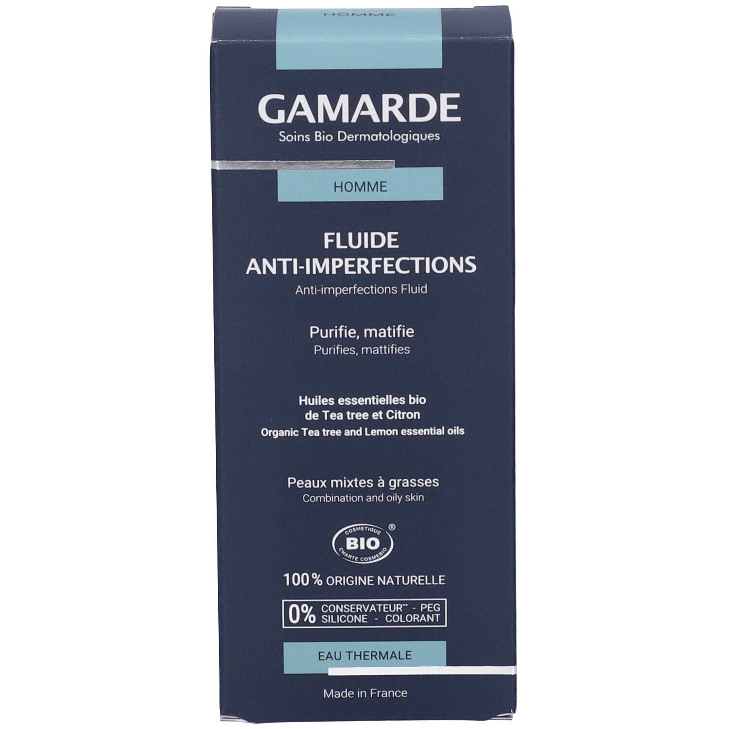 Fronte della scatola blu Gamarde Uomo. Testo: "Fluide Anti-Imperfections", certificazione Bio, acqua termale.