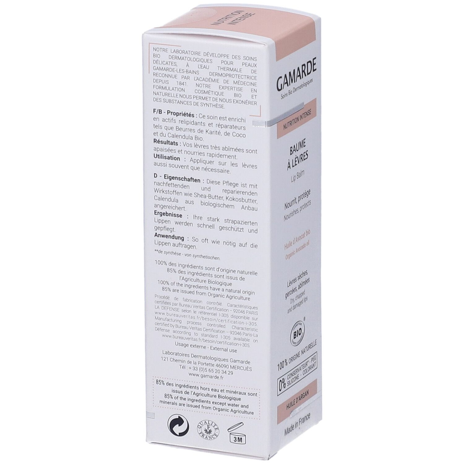 Retro confezione Gamarde Balsamo Labbra. Testo in tedesco, francese, italiano. Certificazione bio, 100% origine naturale.