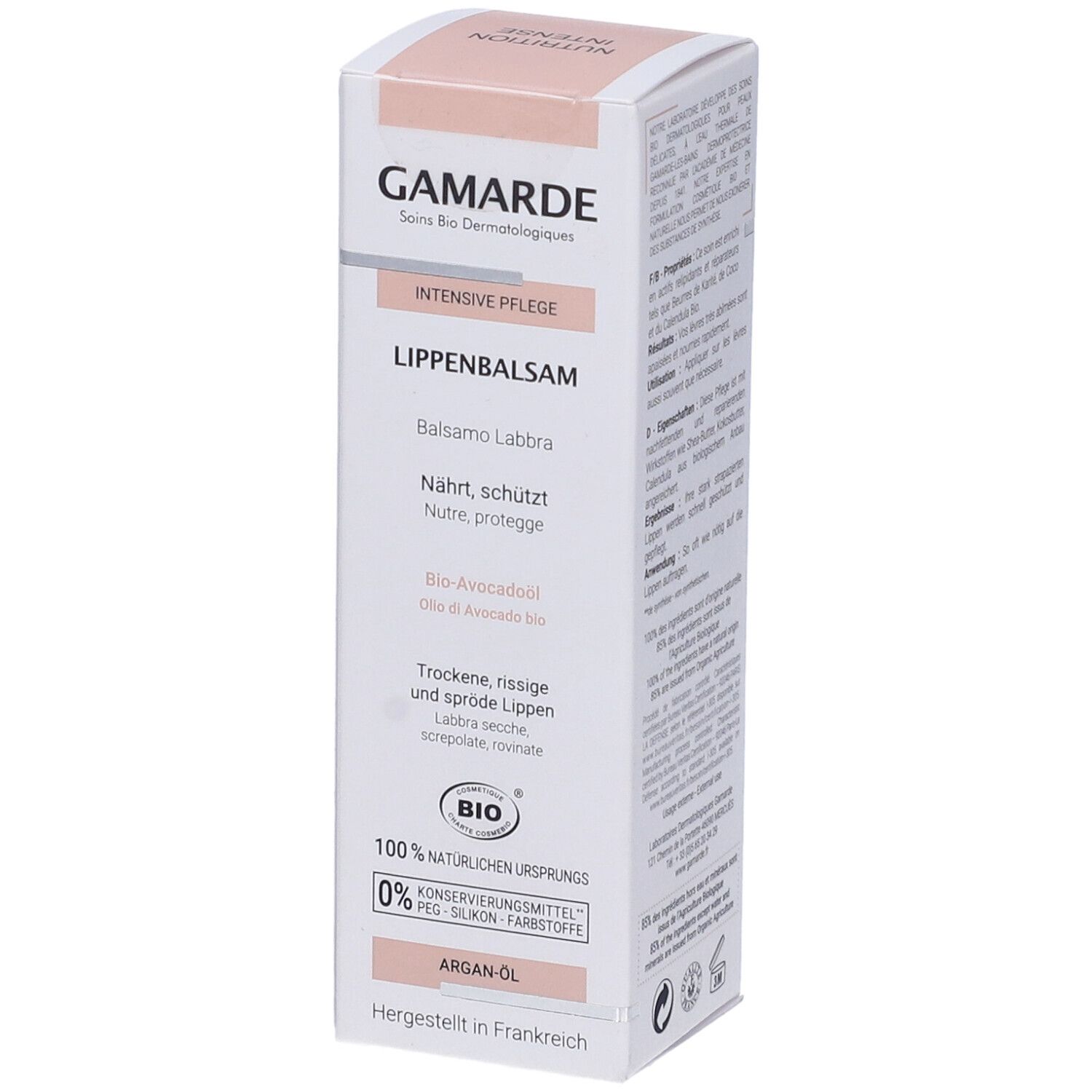 Confezione Gamarde Balsamo Labbra. Bianca e rosa. Testo: Balsamo Labbra, certificazione bio, olio di argan, prodotto in Francia.