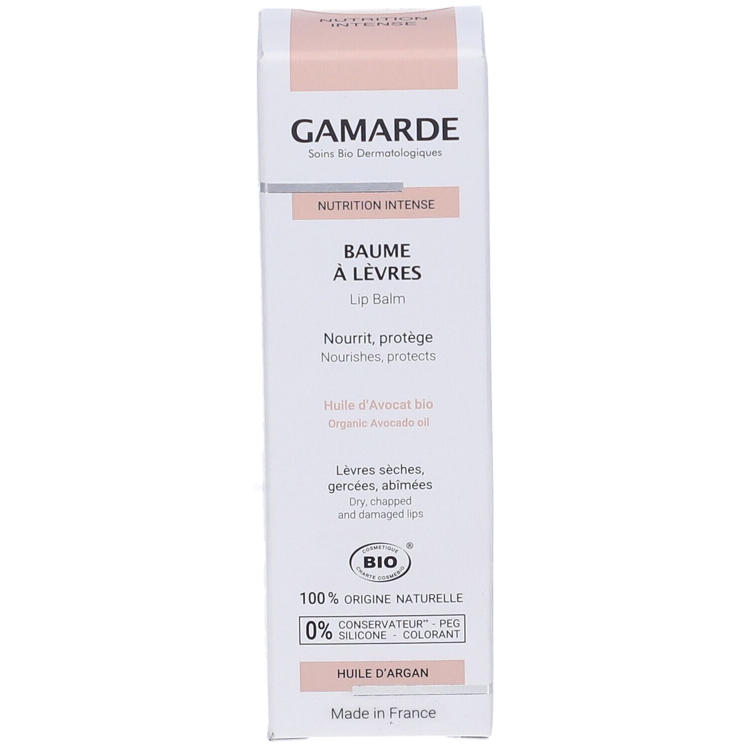 Confezione Gamarde Balsamo Labbra. Bianca e rosa. Testo: Baume à Lèvres, certificazione bio, 100% origine naturale.