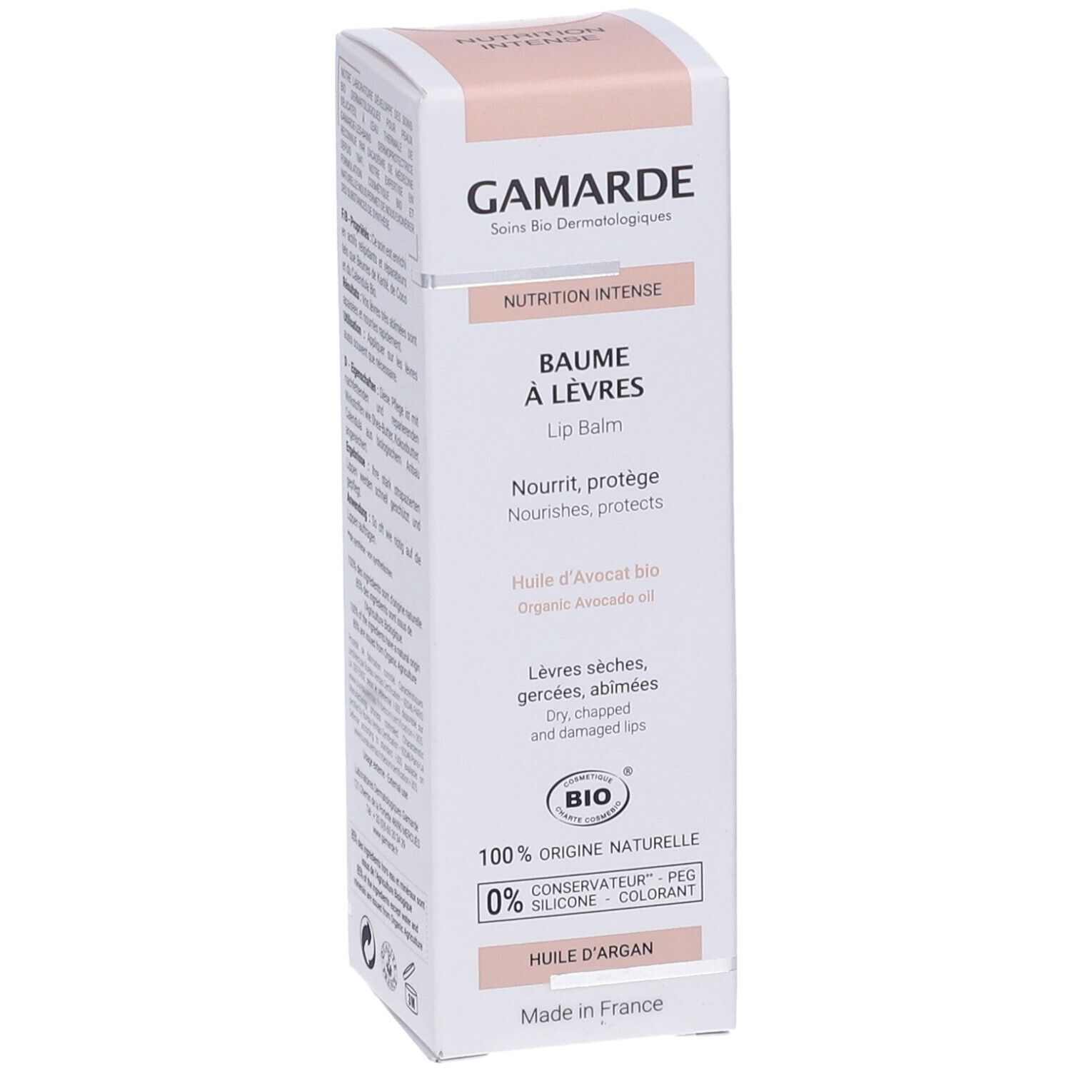 Confezione Gamarde Balsamo Labbra. Bianca e rosa. Testo: Baume à Lèvres, certificazione bio, 100% origine naturale.