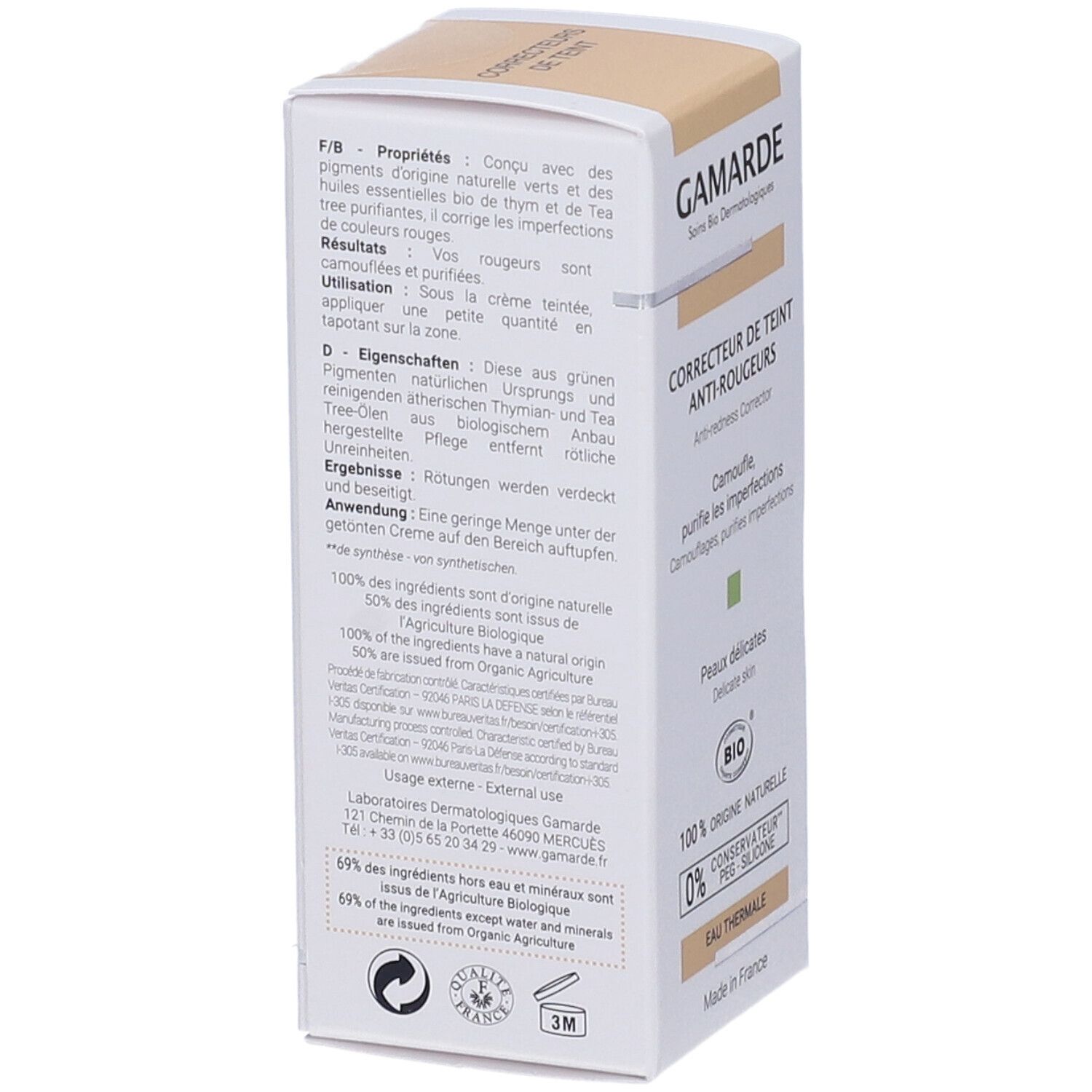 Retro confezione Gamarde. Testo in italiano, certificazione bio, ingredienti, e origine. Forma rettangolare.