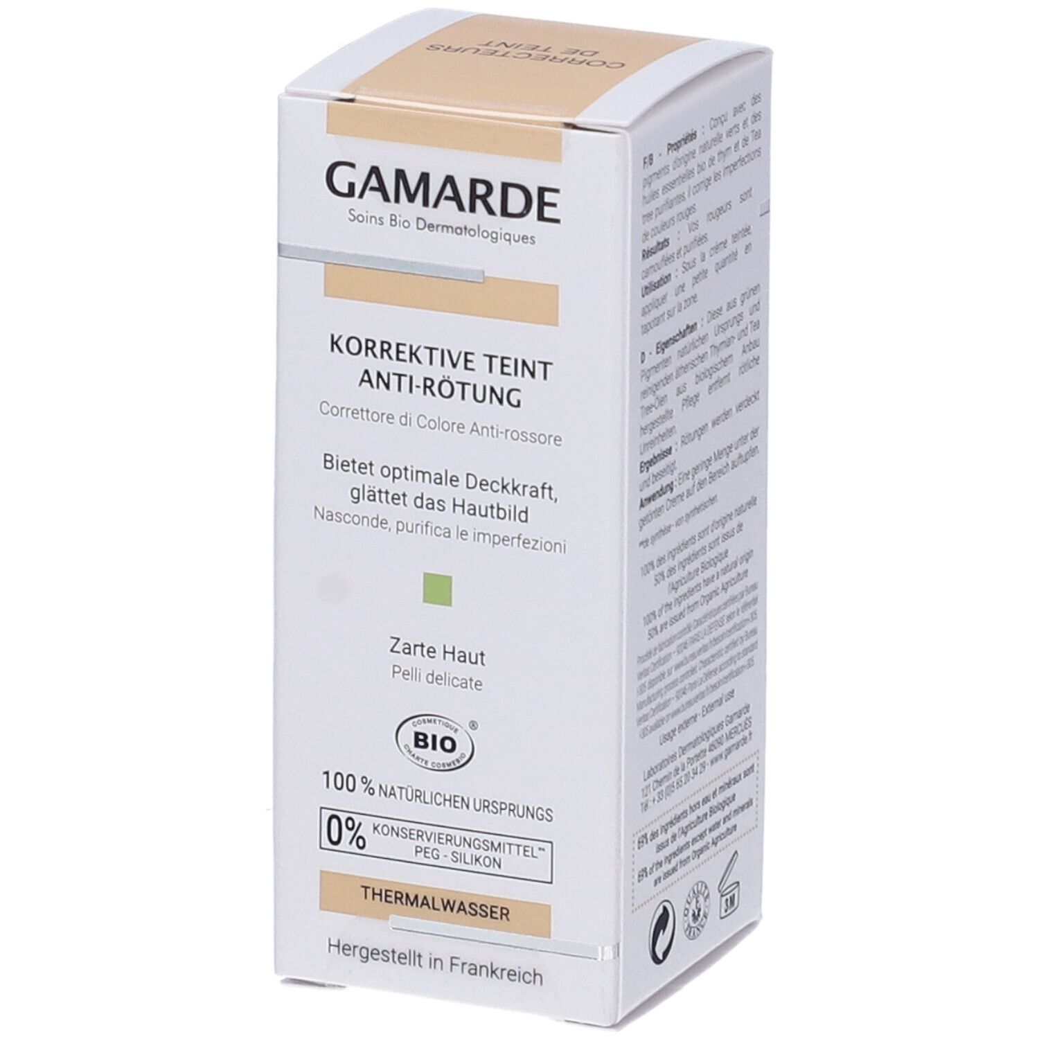 Confezione Gamarde bianca. Testo descrittivo, certificazione bio, e acqua termale. Correttore anti-rossore per pelli delicate.