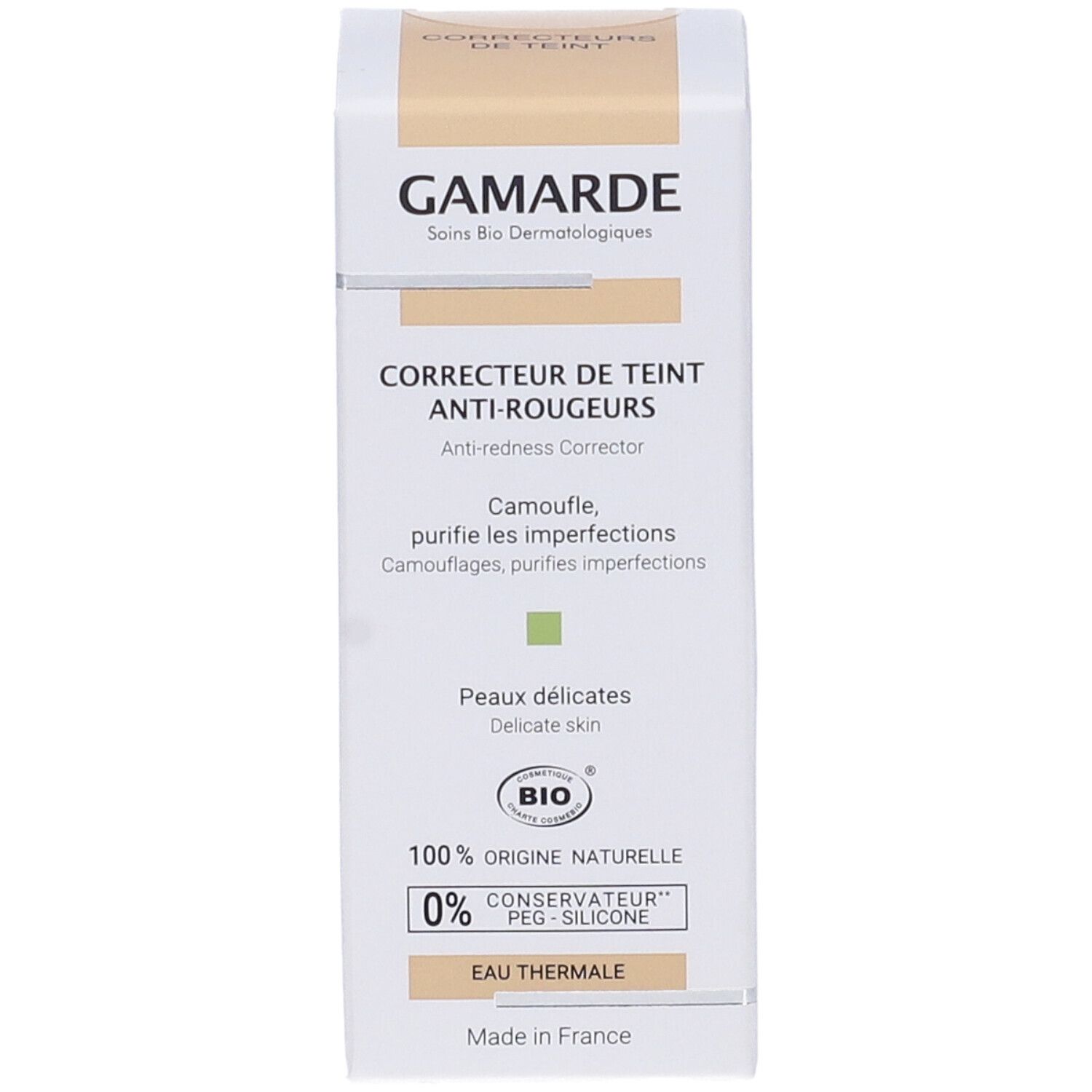 Confezione Gamarde bianca. Testo descrittivo, certificazione bio, e acqua termale. Correttore anti-rossore per pelli delicate.