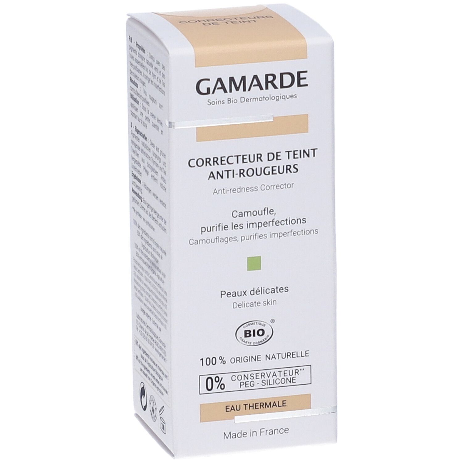 Confezione Gamarde bianca. Testo descrittivo, certificazione bio, e acqua termale. Correttore anti-rossore per pelli delicate.