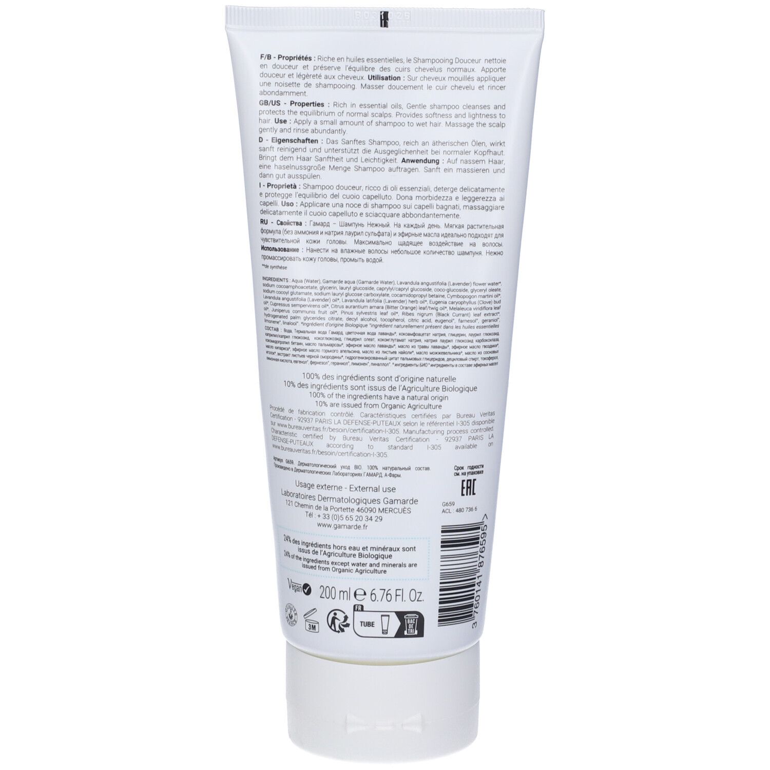 Retro del tubo di Gamarde Shampoo Delicato. Testo, ingredienti, certificazione bio, 200 ml, 6.76 fl. oz. Codice a barre.