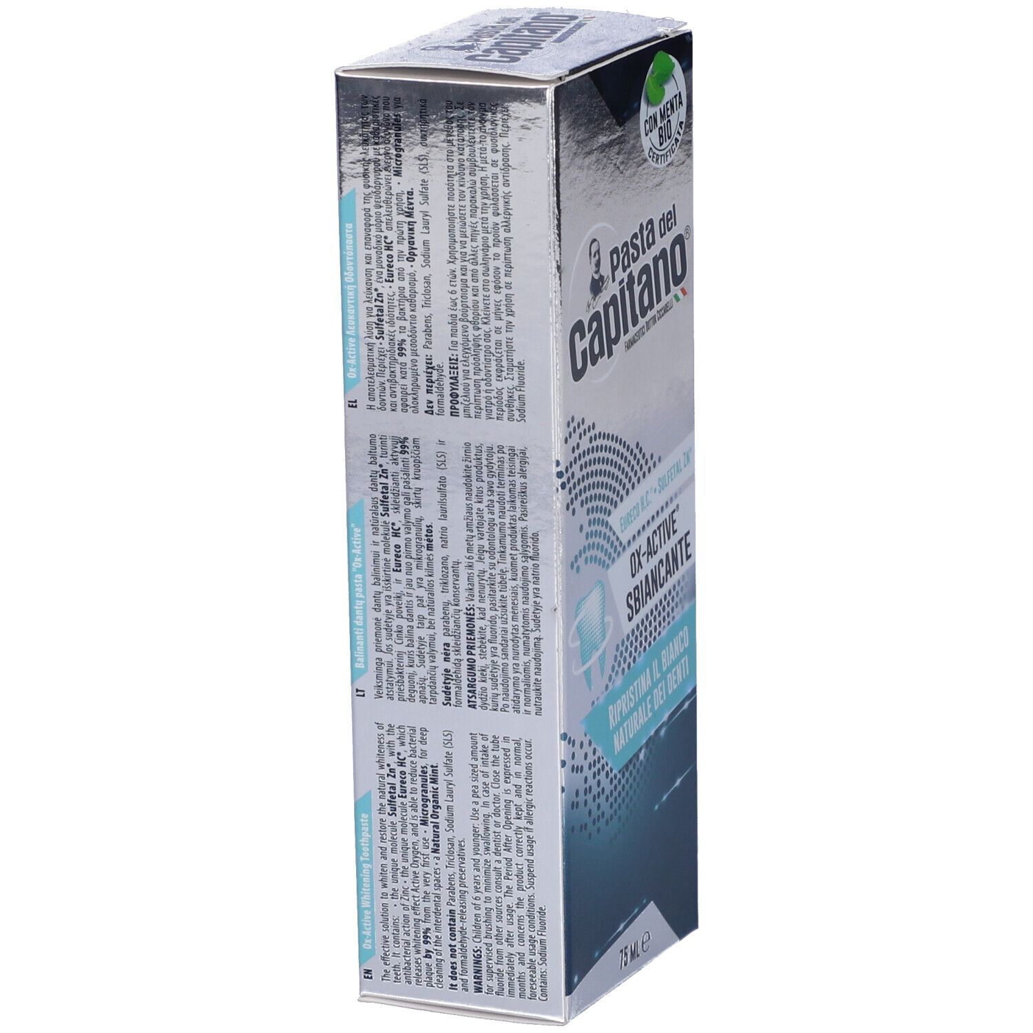 Lato confezione dentifricio Pasta del Capitano. OX-ACTIVE Sbiancante. Certificazione bio. 75 ml. Testo in italiano.