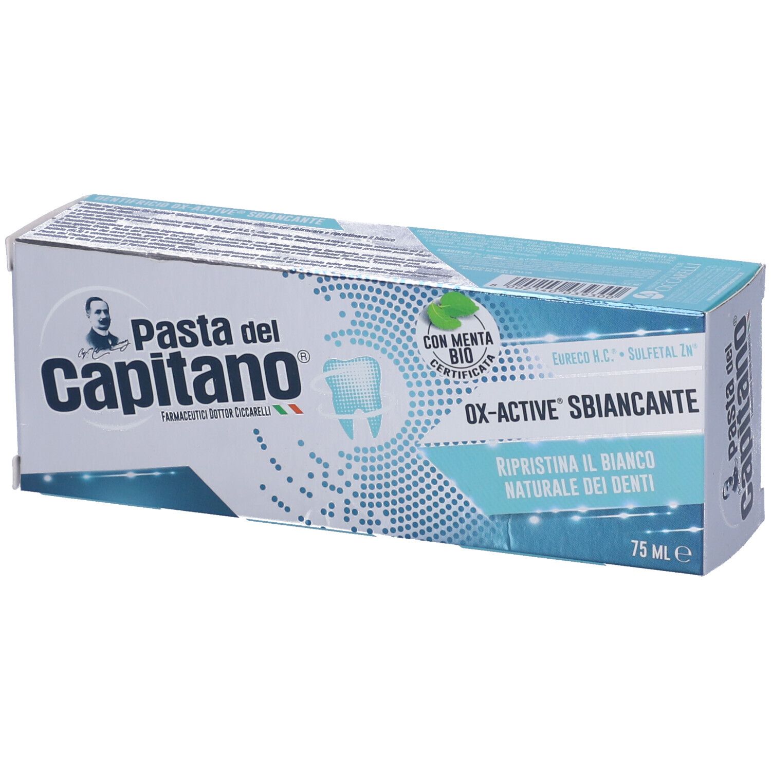 Confezione di dentifricio Pasta del Capitano. OX-ACTIVE Sbiancante, Ripristina il bianco naturale dei denti. Certificazione bio. 75 ml.