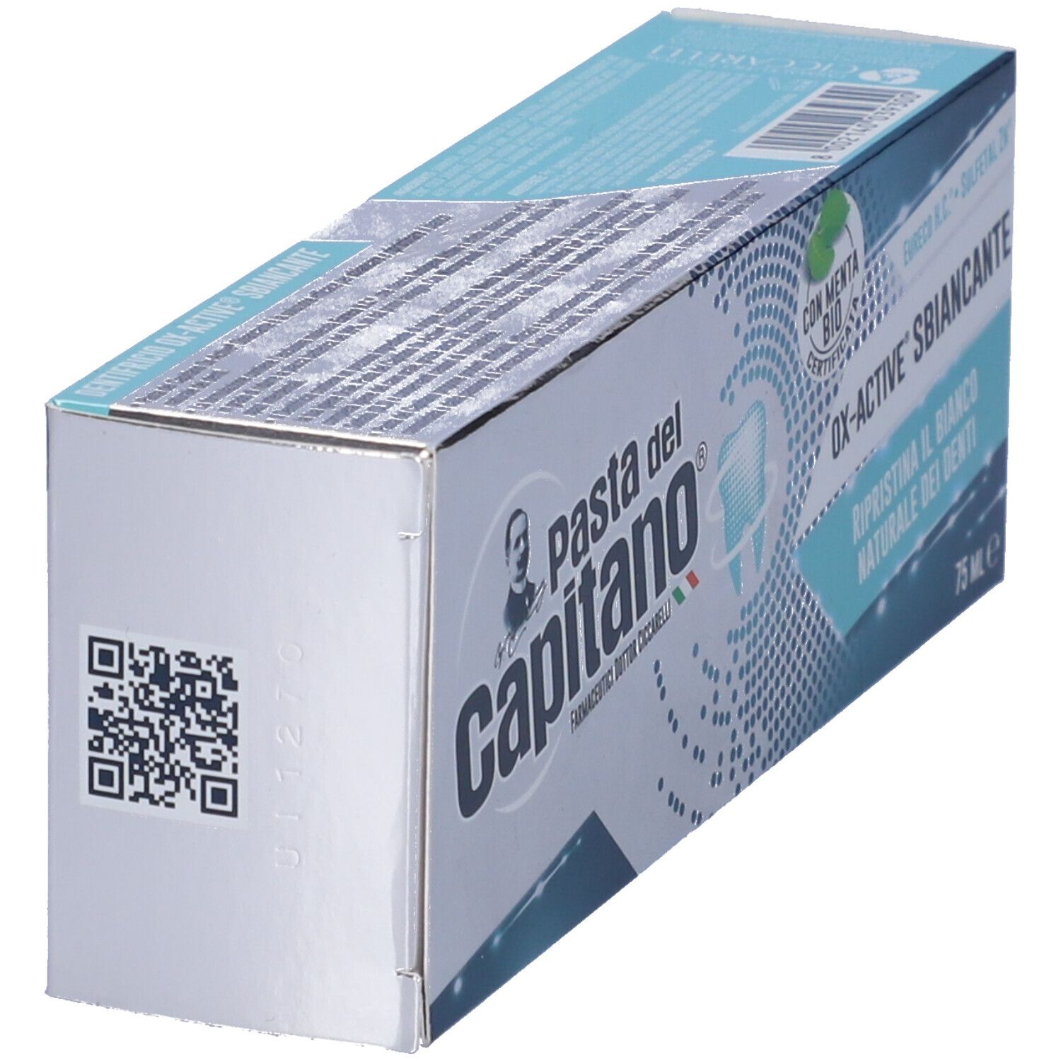 Angolo confezione dentifricio Pasta del Capitano. OX-ACTIVE Sbiancante. Certificazione bio. Codice QR.