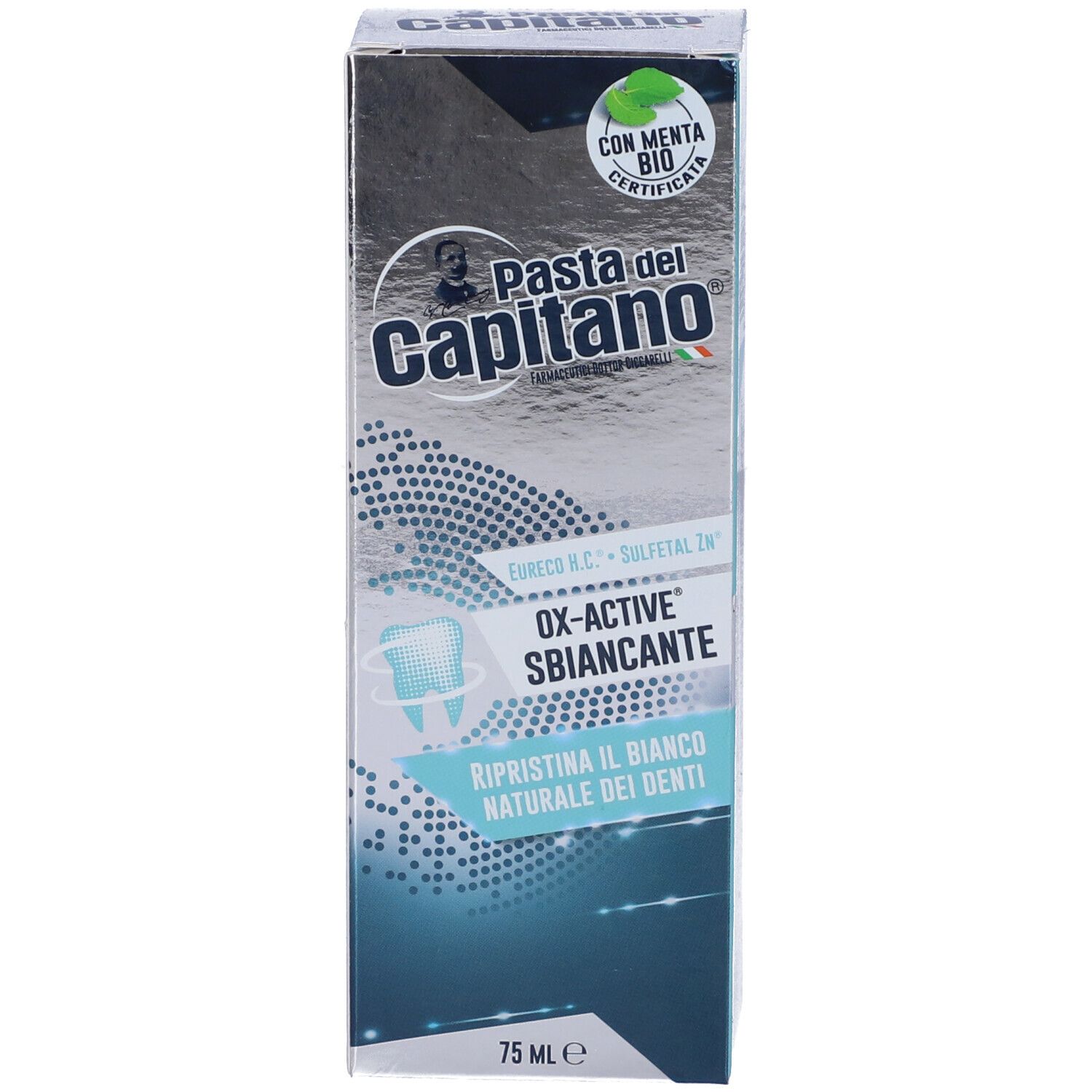 Confezione di dentifricio Pasta del Capitano. OX-ACTIVE Sbiancante, Ripristina il bianco naturale dei denti. Certificazione bio. 75 ml.