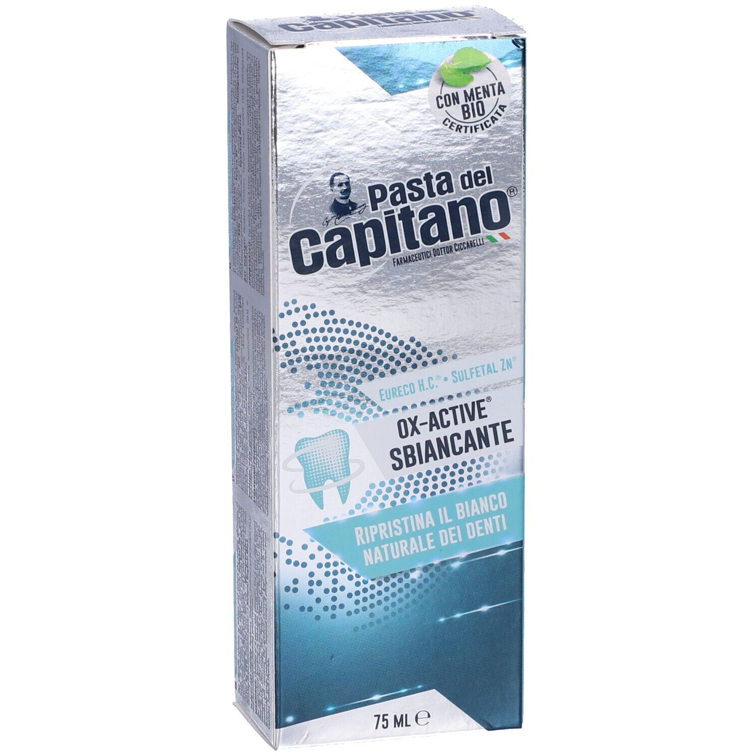 Confezione di dentifricio Pasta del Capitano. OX-ACTIVE Sbiancante, Ripristina il bianco naturale dei denti. Certificazione bio. 75 ml.