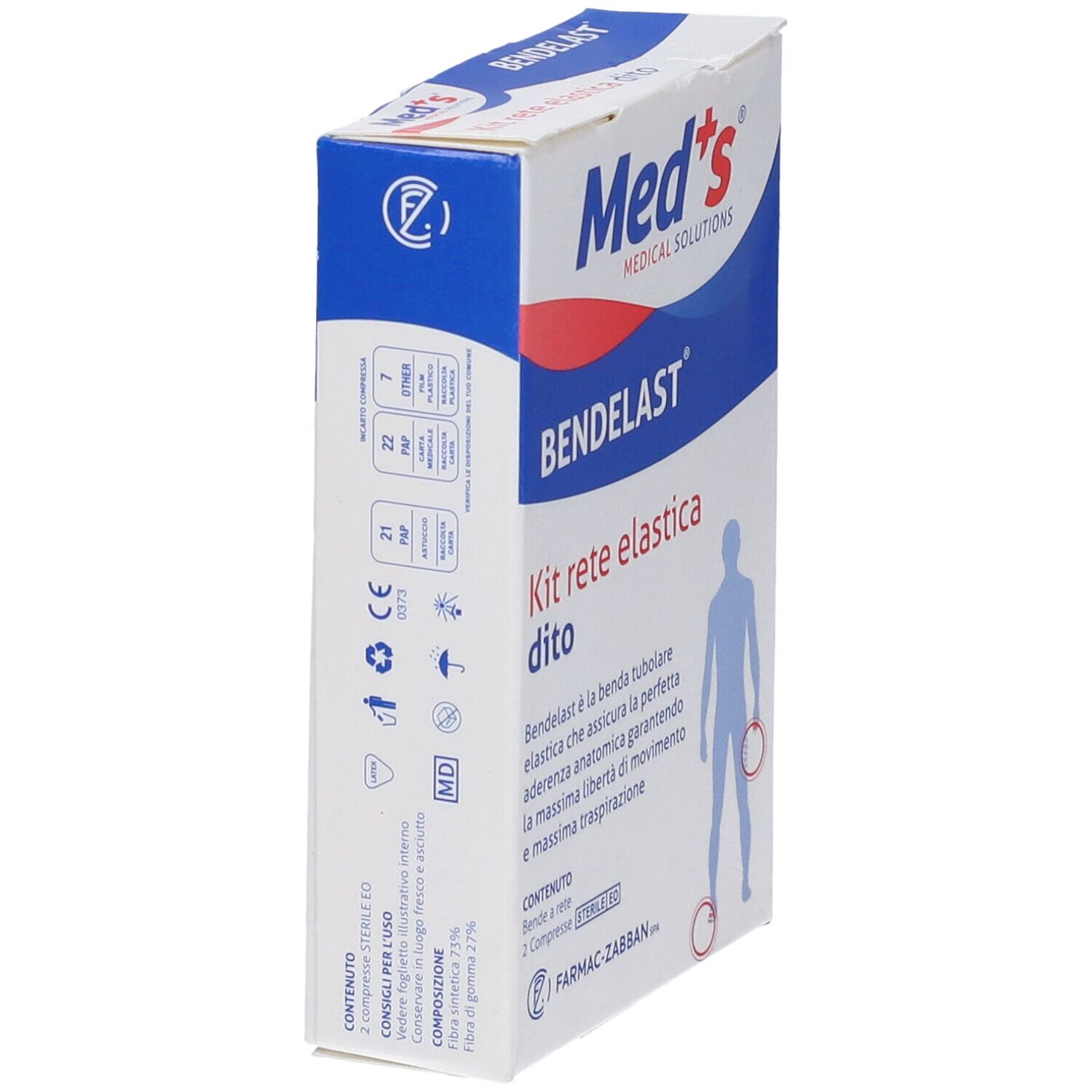 Confezione di Bendelast Kit rete elastica dito. Contiene benda a rete e compresse sterili. Marchio Med's.