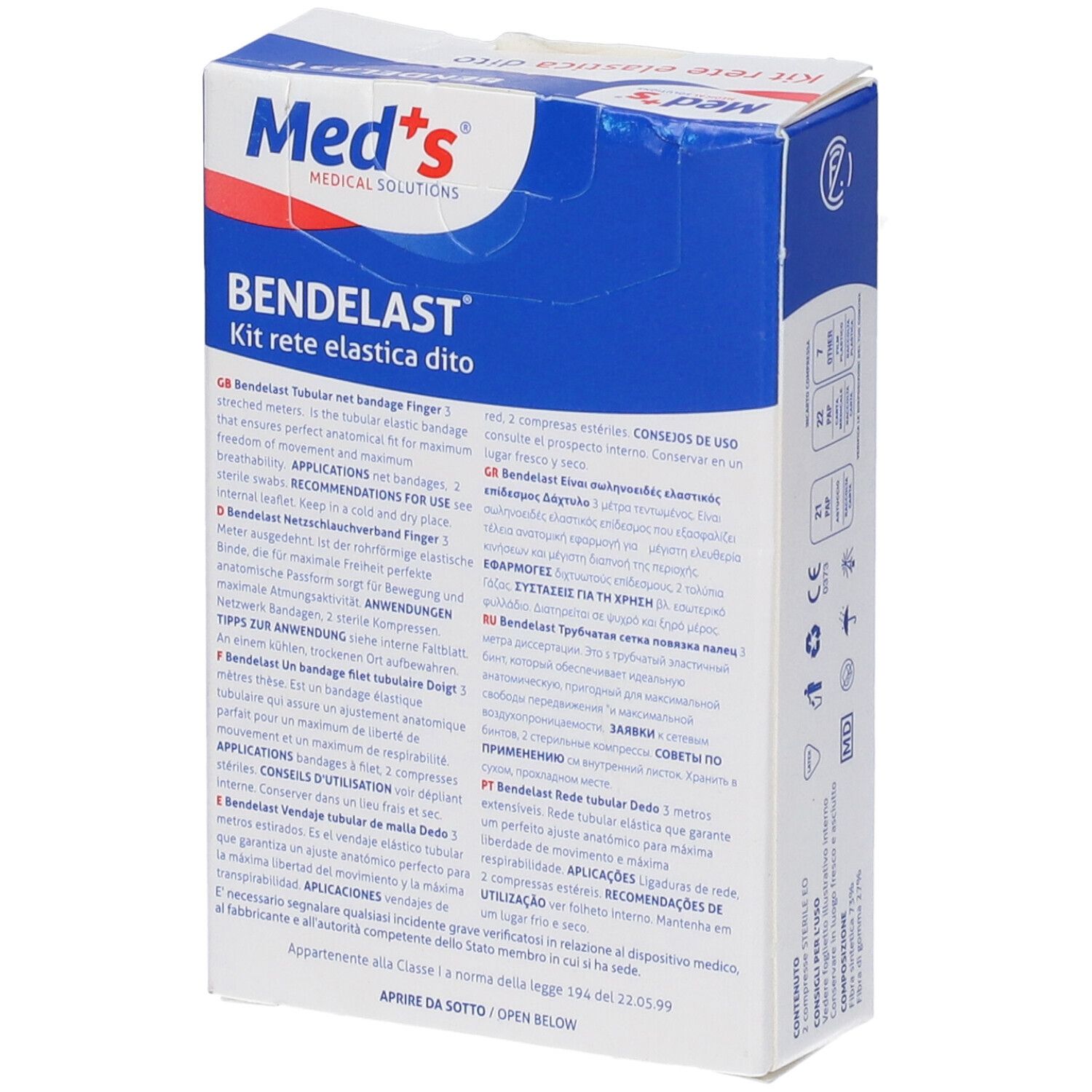 Confezione di Bendelast Kit rete elastica dito. Informazioni multilingue sul prodotto. Marchio Med's.
