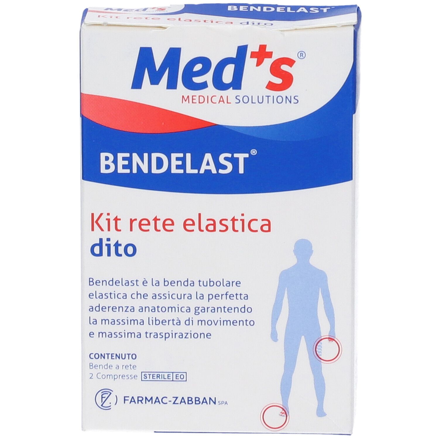 Confezione di Bendelast Kit rete elastica dito. Contiene benda a rete e compresse sterili. Marchio Med's.