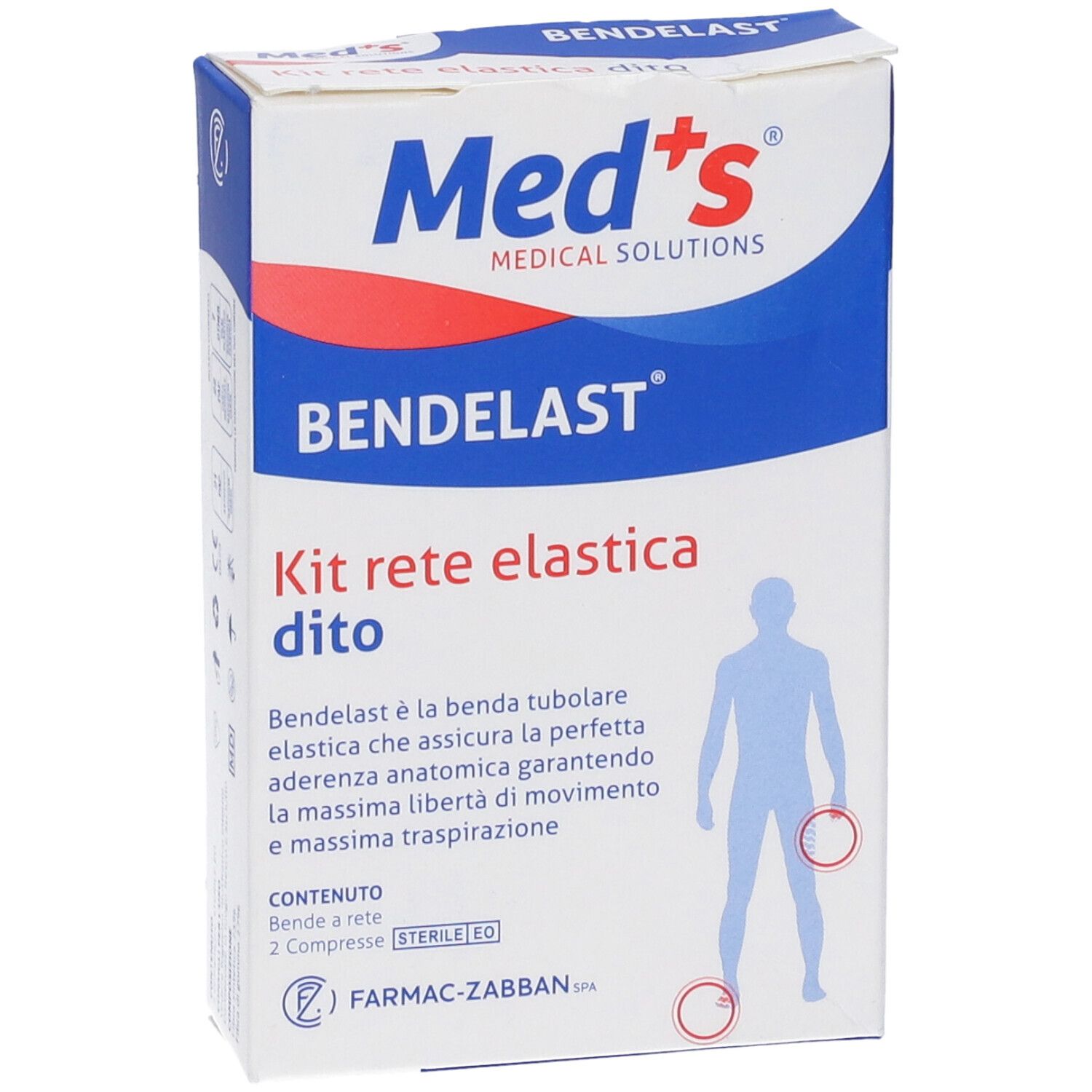 Confezione di Bendelast Kit rete elastica dito. Contiene benda a rete e compresse sterili. Marchio Med's.