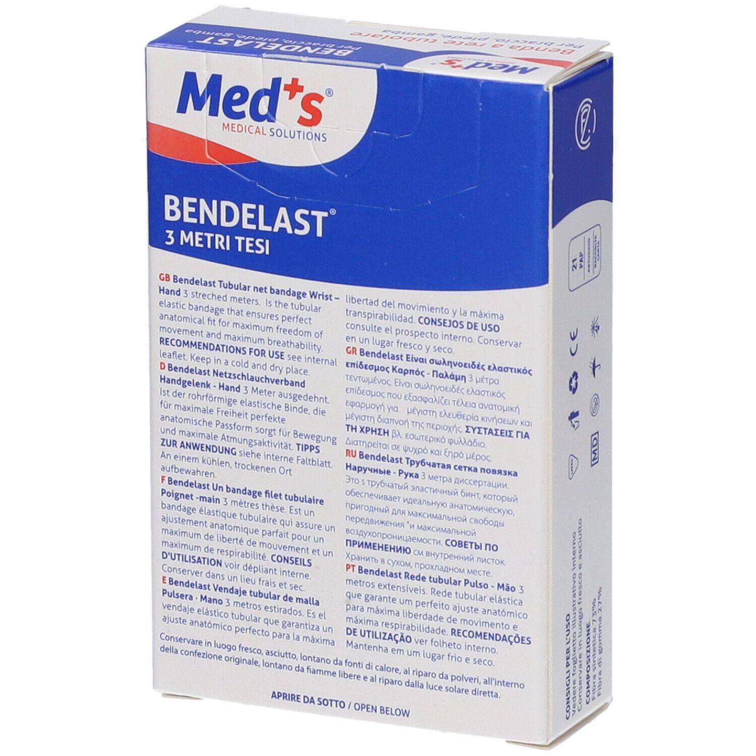 Confezione di Bendelast. Scatola bianca e blu con nome del prodotto e testo multilingue. 3 metri. Marchio Med's.