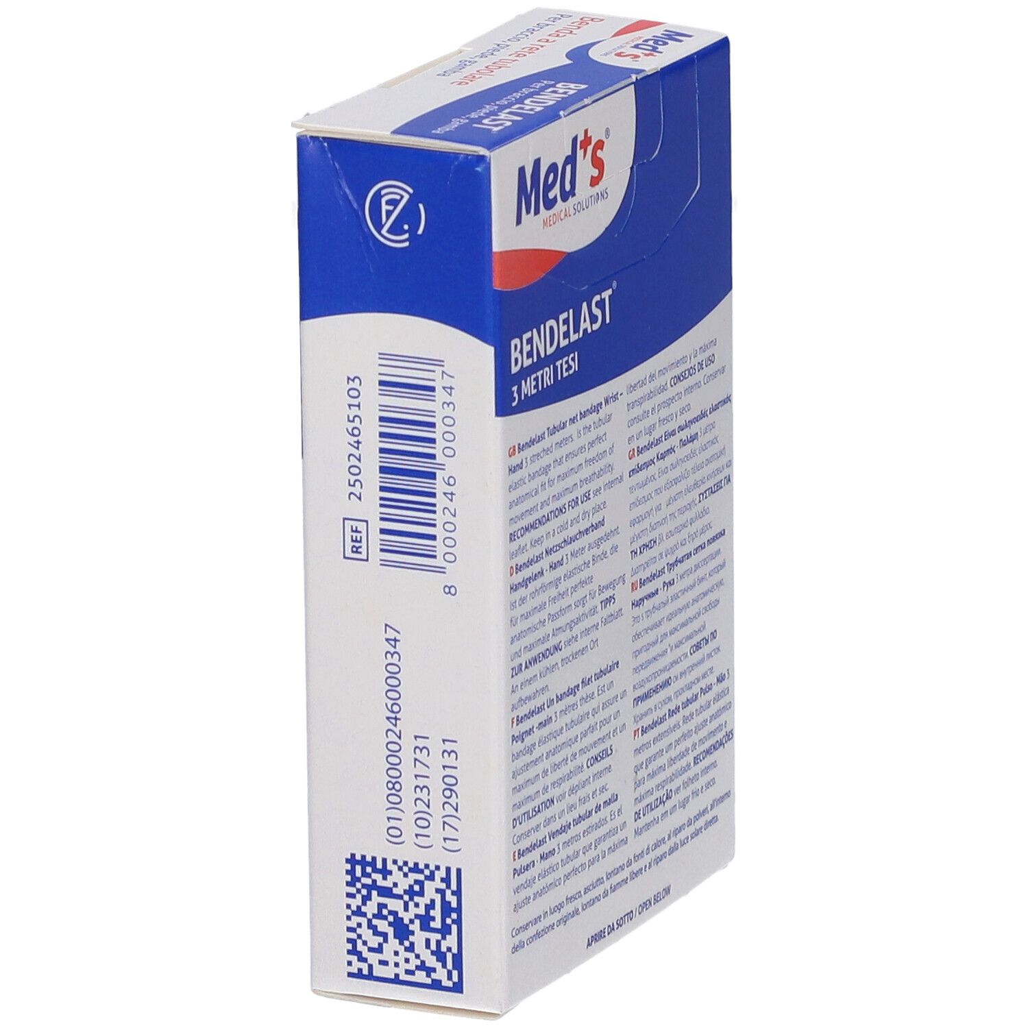 Confezione di Bendelast. Scatola bianca e blu con nome del prodotto e codice a barre. 3 metri. Marchio Med's.