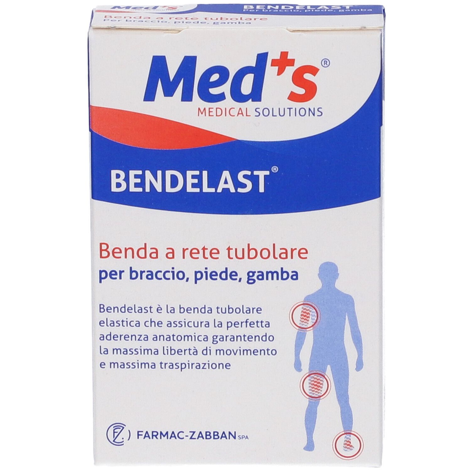 Confezione di Bendelast. Scatola bianca e blu con nome del prodotto e illustrazione. Marchio Med's. Testo: Benda a rete tubulare per braccio, piede, gamba.