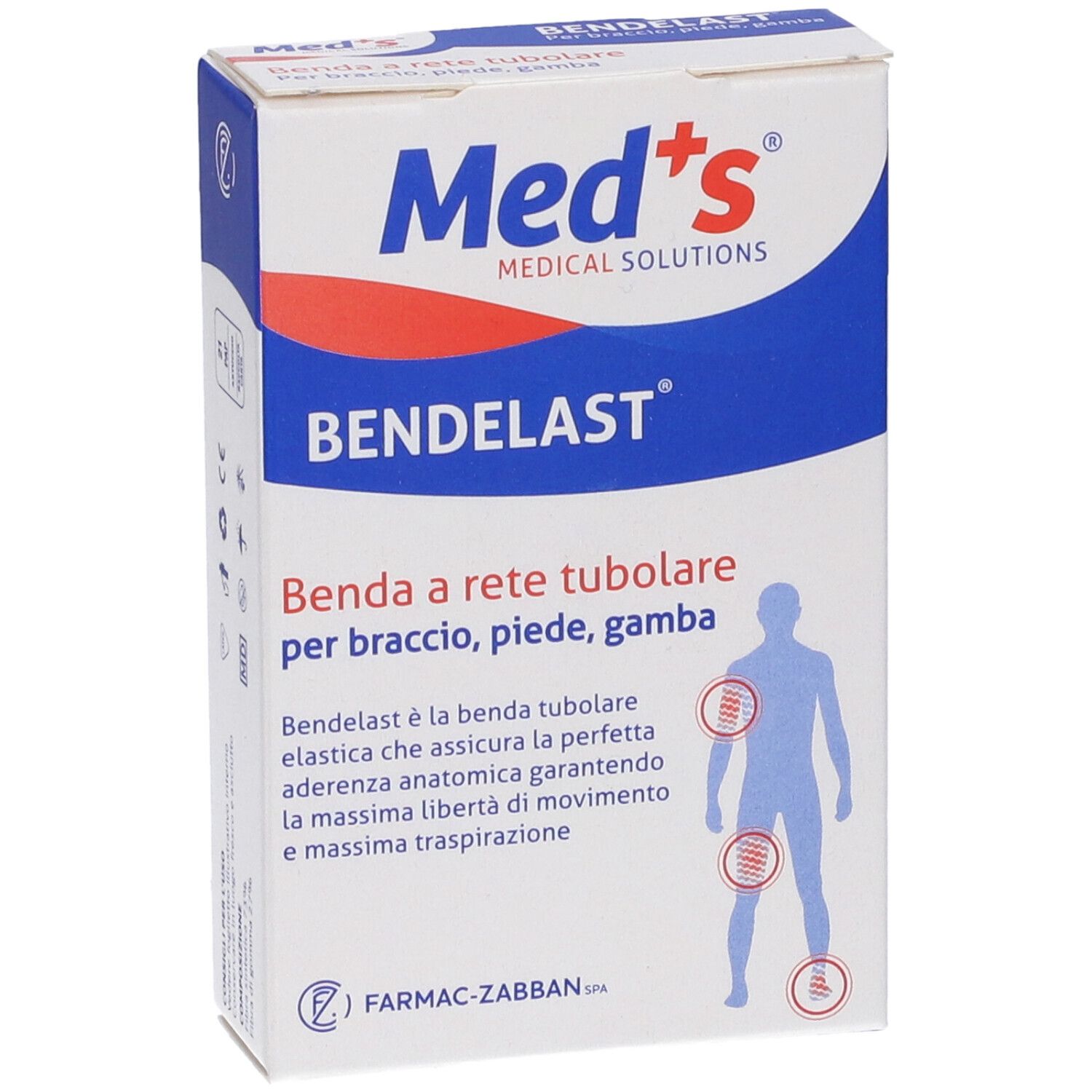 Confezione di Bendelast. Scatola bianca e blu con nome del prodotto e illustrazione. Marchio Med's. Testo: Benda a rete tubulare per braccio, piede, gamba.