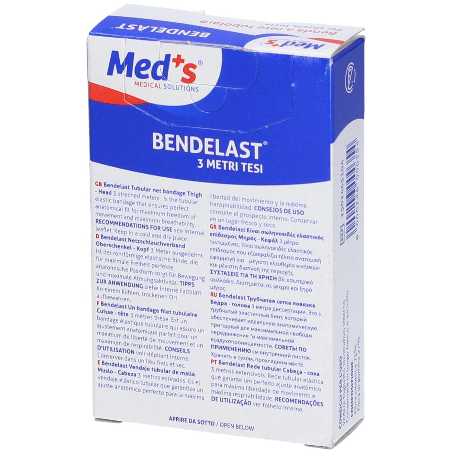 Scatola BENDELAST. Testo: 3 metri tesi. Testo multilingue. Logo Med's. Scatola blu e bianca. Testo: Benda a rete tubolare.