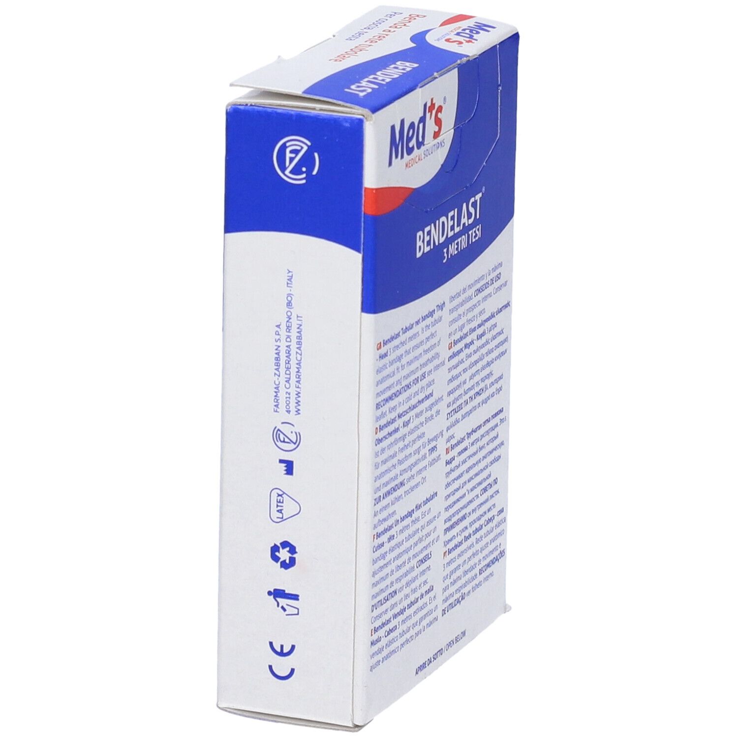 Scatola BENDELAST, vista laterale. Imballaggio blu e bianco. Testo e simboli. Logo Med's. Testo: 3 metri tesi. Testo: Benda a rete tubolare.