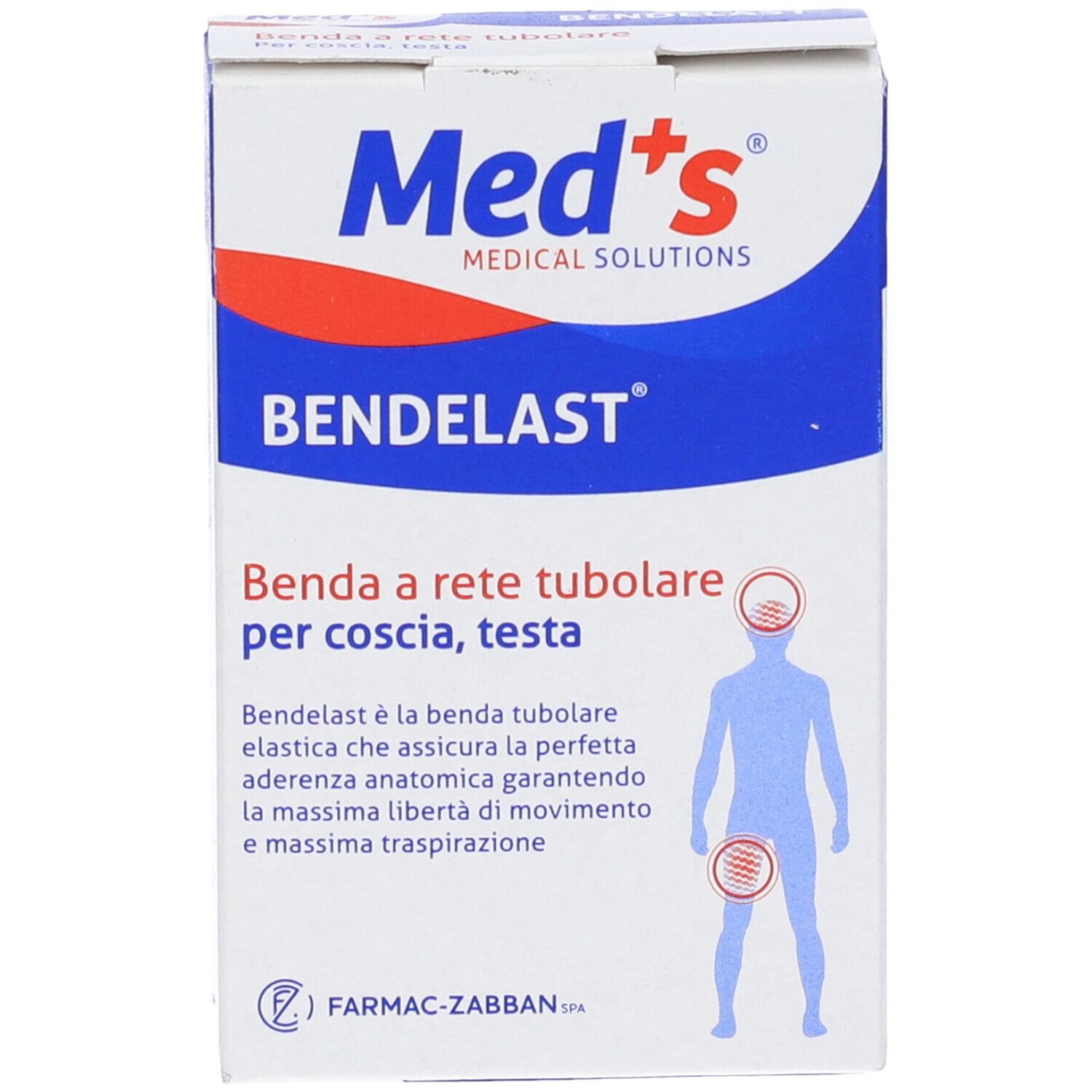 Scatola BENDELAST. Scatola blu e bianca con accento rosso. Testo: Benda a rete tubolare per coscia, testa. Logo Med's. Schema di una persona.