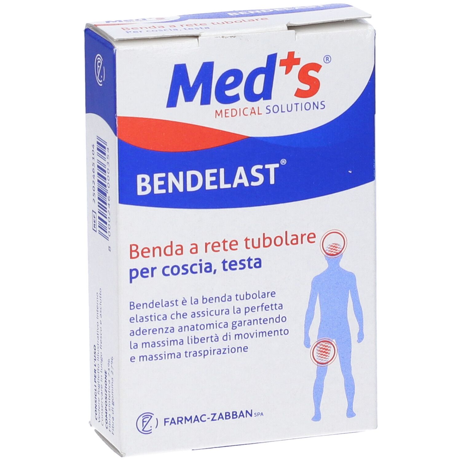Scatola BENDELAST. Scatola blu e bianca. Testo: Benda a rete tubolare per coscia, testa. Logo Med's. Schema di una persona con cerchi.