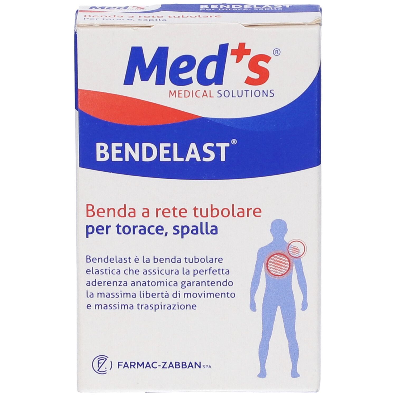 Confezione Med's BENDELAST. Benda a rete tubulare per torace e spalla. Design bianco e blu con illustrazione.