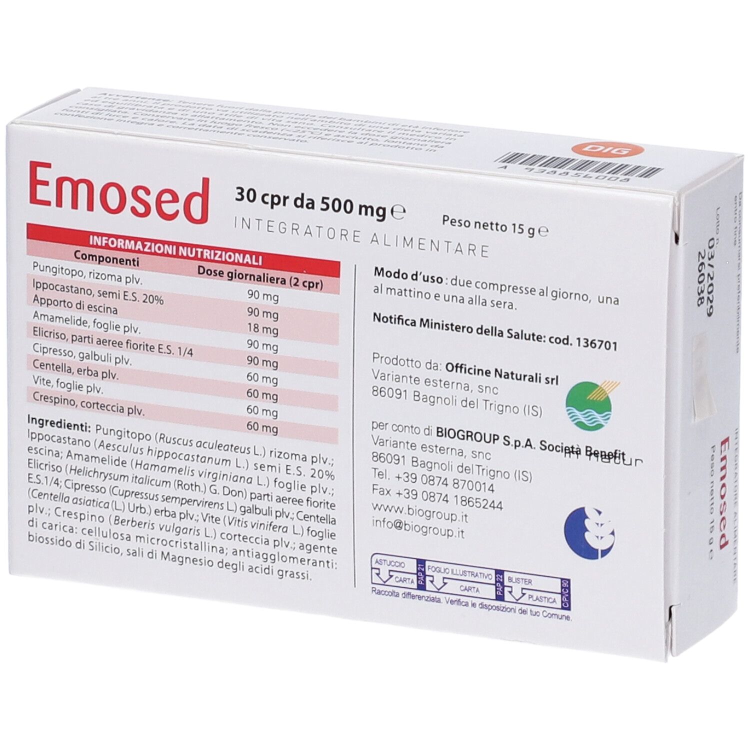 Confezione Emosed da 30 compresse, un integratore alimentare.