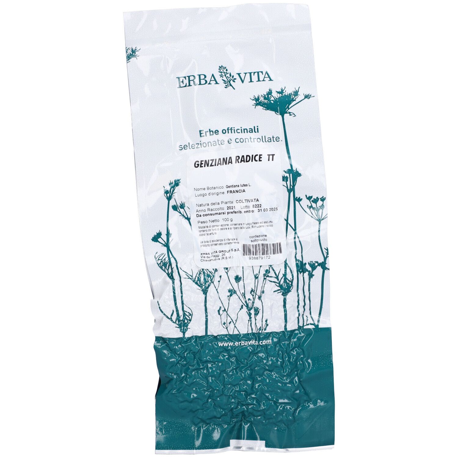 Sacchetto trasparente con erbe e testo. Scritta: Erbe officinali, Genziana Radice TT.