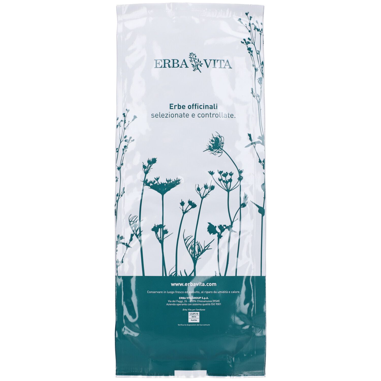 Confezione del prodotto con design floreale. Marchio: Erba Vita. Testo: Erbe officinali selezionate e controllate. Indirizzo del sito web.