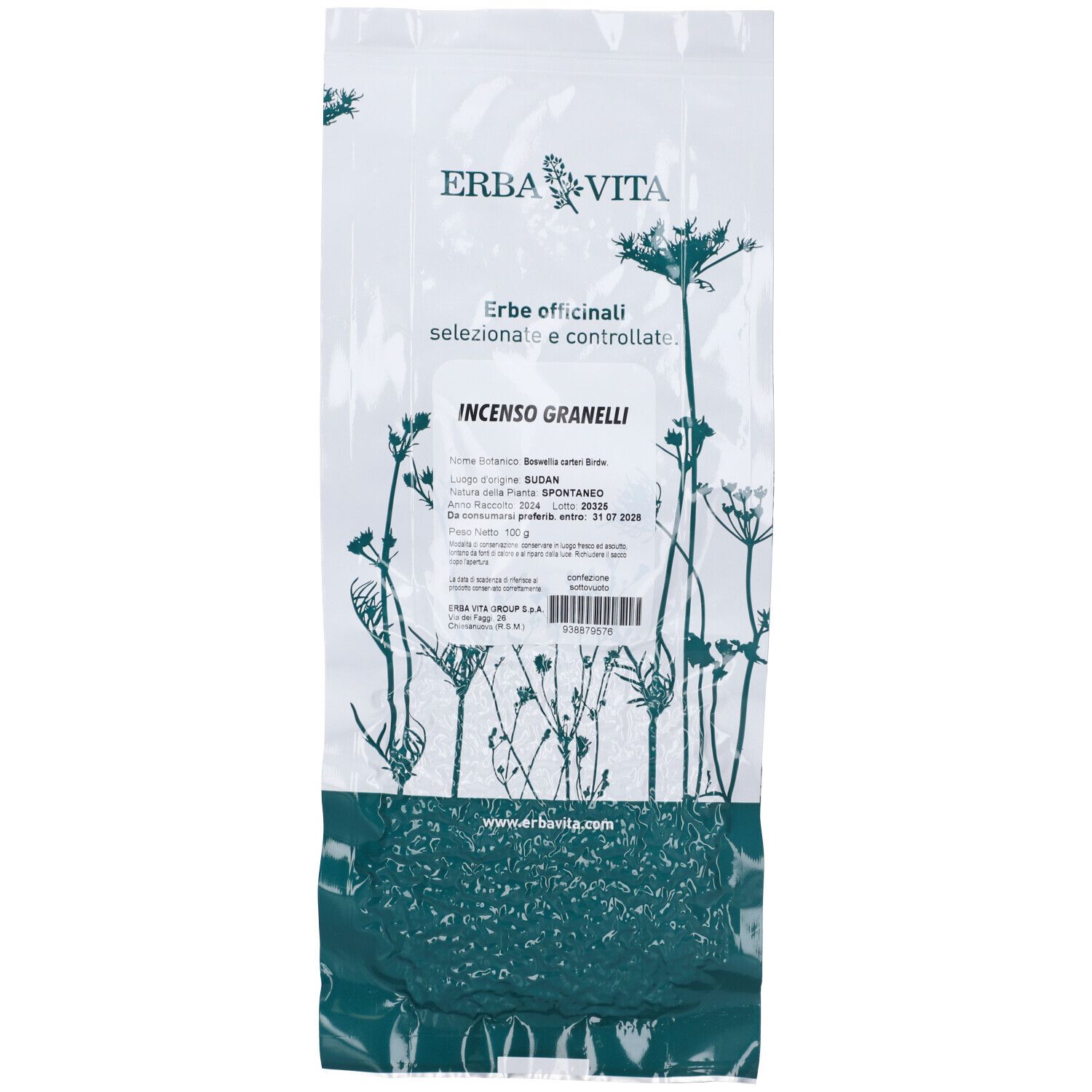 Sacchetto trasparente di Incenso Granelli. Testo: Erba Vita, Erbe officinali selezionate e controllate. Informazioni sul prodotto.
