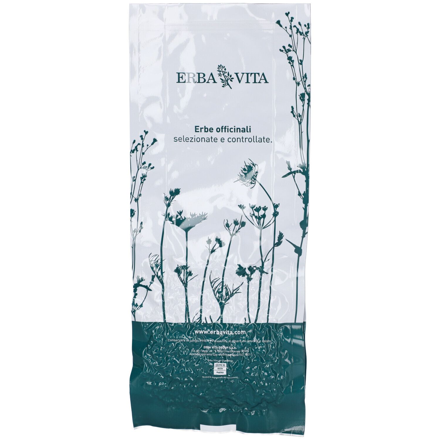 Sacchetto trasparente di Incenso Granelli. Testo: Erba Vita, Erbe officinali selezionate e controllate. Design floreale.