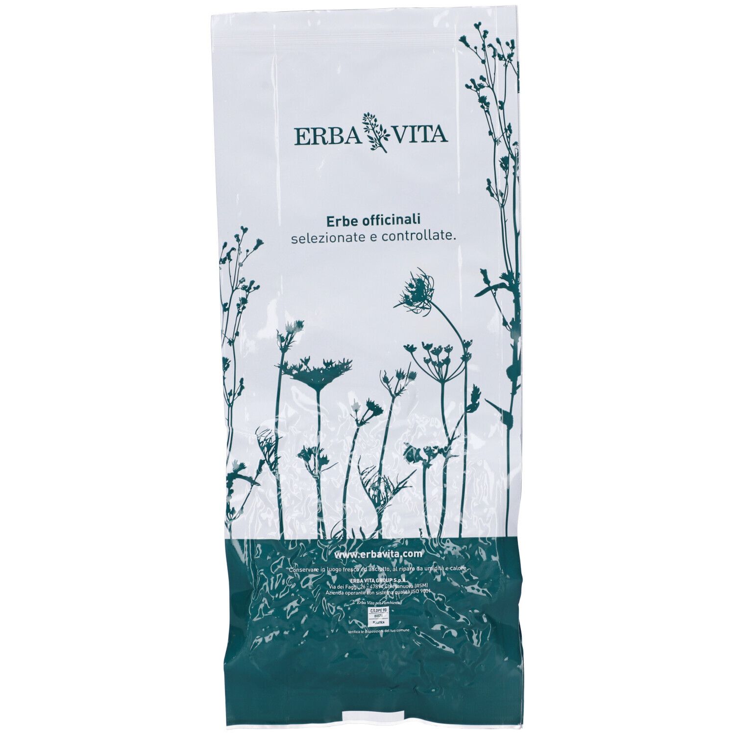 Busta bianca di erbe. Marchio: Erba Vita. Scritta: Erbe officinali selezionate e controllate. Decorazione floreale.
